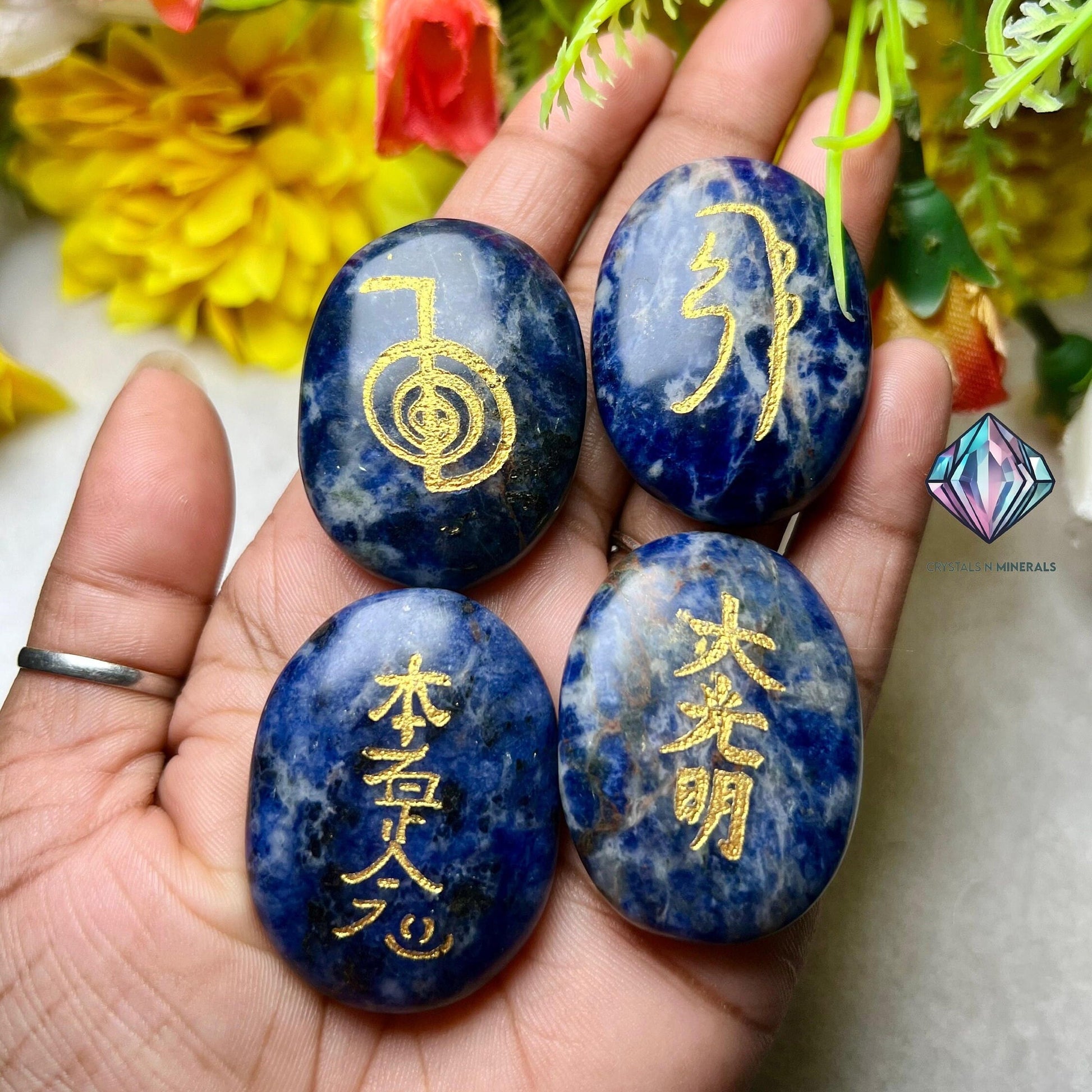 Sodalite Stone Set Of 4 Usui Reiki Symbol Engraved Oval Shape Stone l Cho Ku Rei l Sei Hei Ki l Hon Sha Ze Sho Nen l Dai Ko Myo