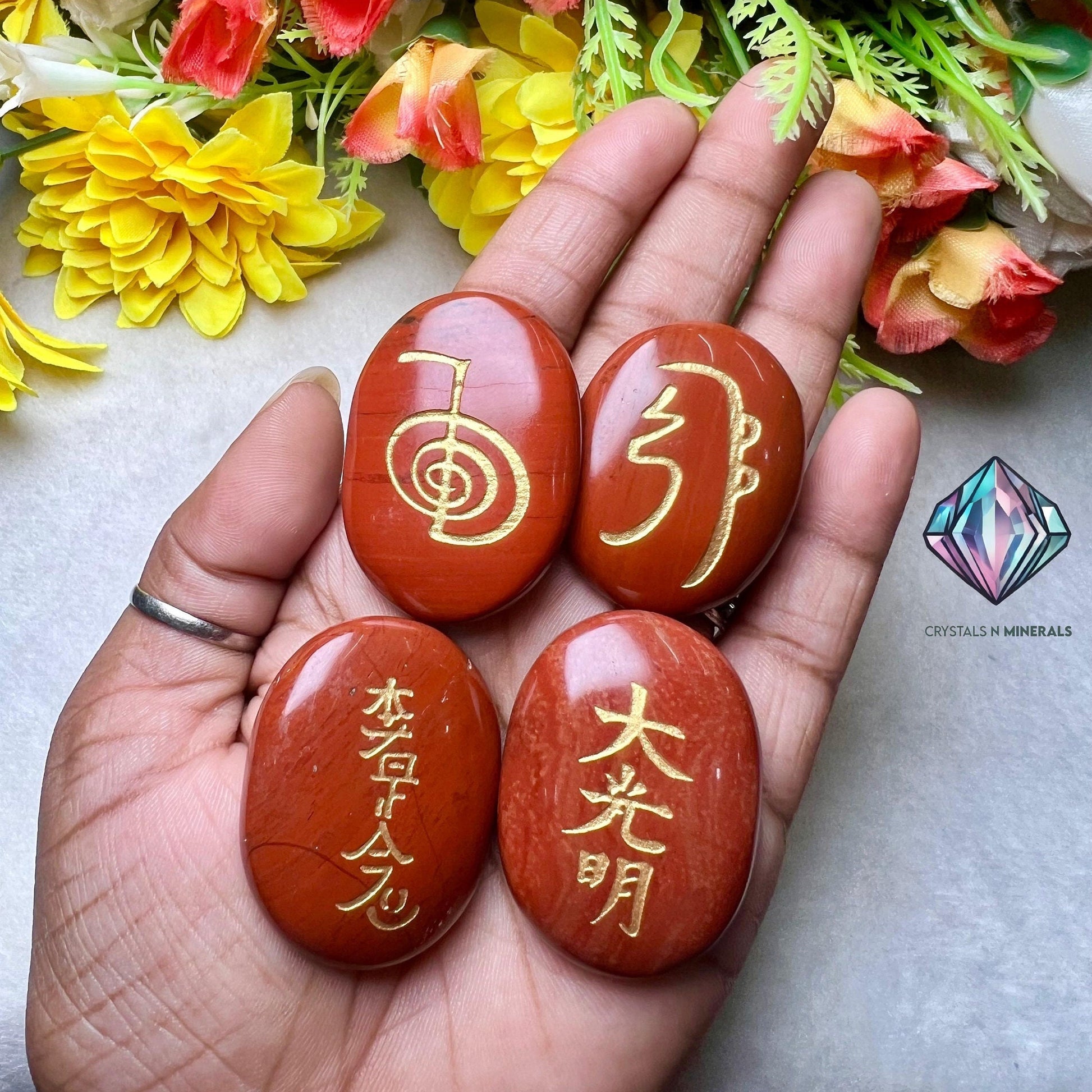 Red Jasper Stone Set Of 4 Usui Reiki Symbol Engraved Oval Shape Stone l Cho Ku Rei l Sei Hei Ki l Hon Sha Ze Sho Nen l Dai Ko Myo