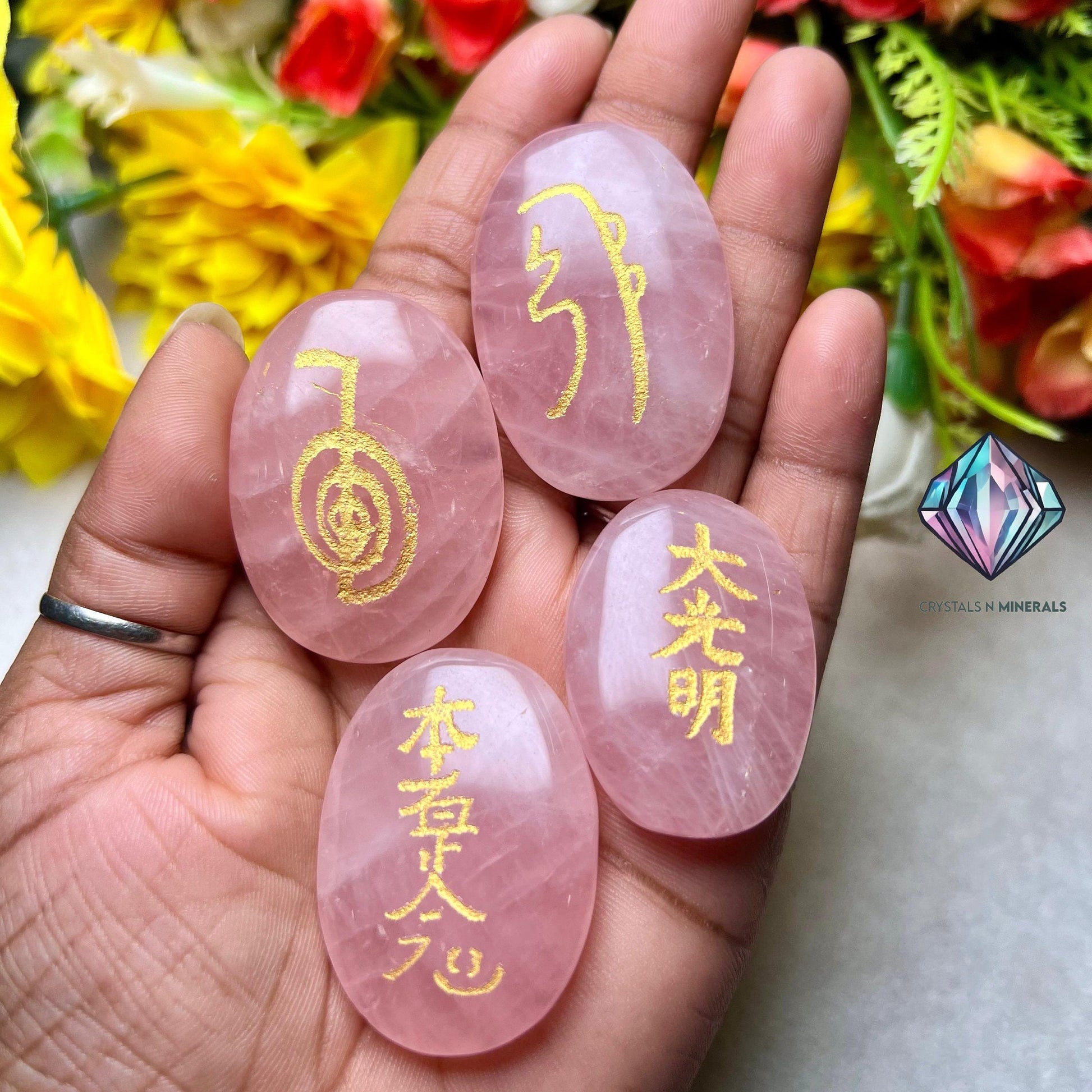 Rose Quartz Stone Set Of 4 Usui Reiki Symbol Engraved Oval Shape Stone l Cho Ku Rei l Sei Hei Ki l Hon Sha Ze Sho Nen l Dai Ko Myo