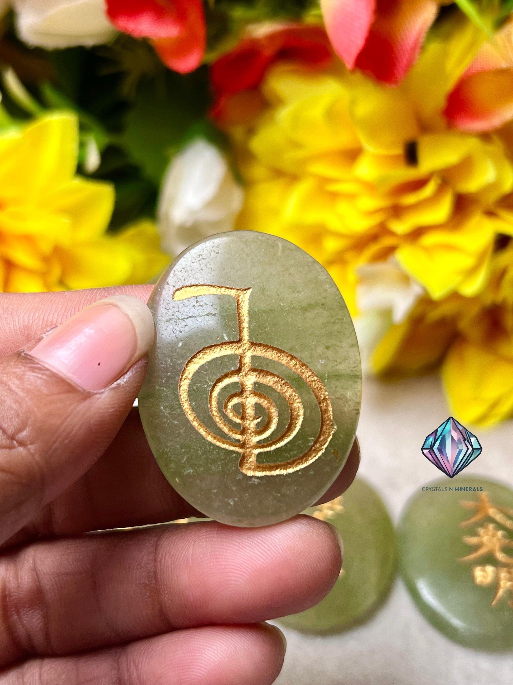 Green Aventurine Stone Set Of 4 Usui Reiki Symbol Engraved Oval Shape Stone l Cho Ku Rei l Sei Hei Ki l Hon Sha Ze Sho Nen l Dai Ko Myo