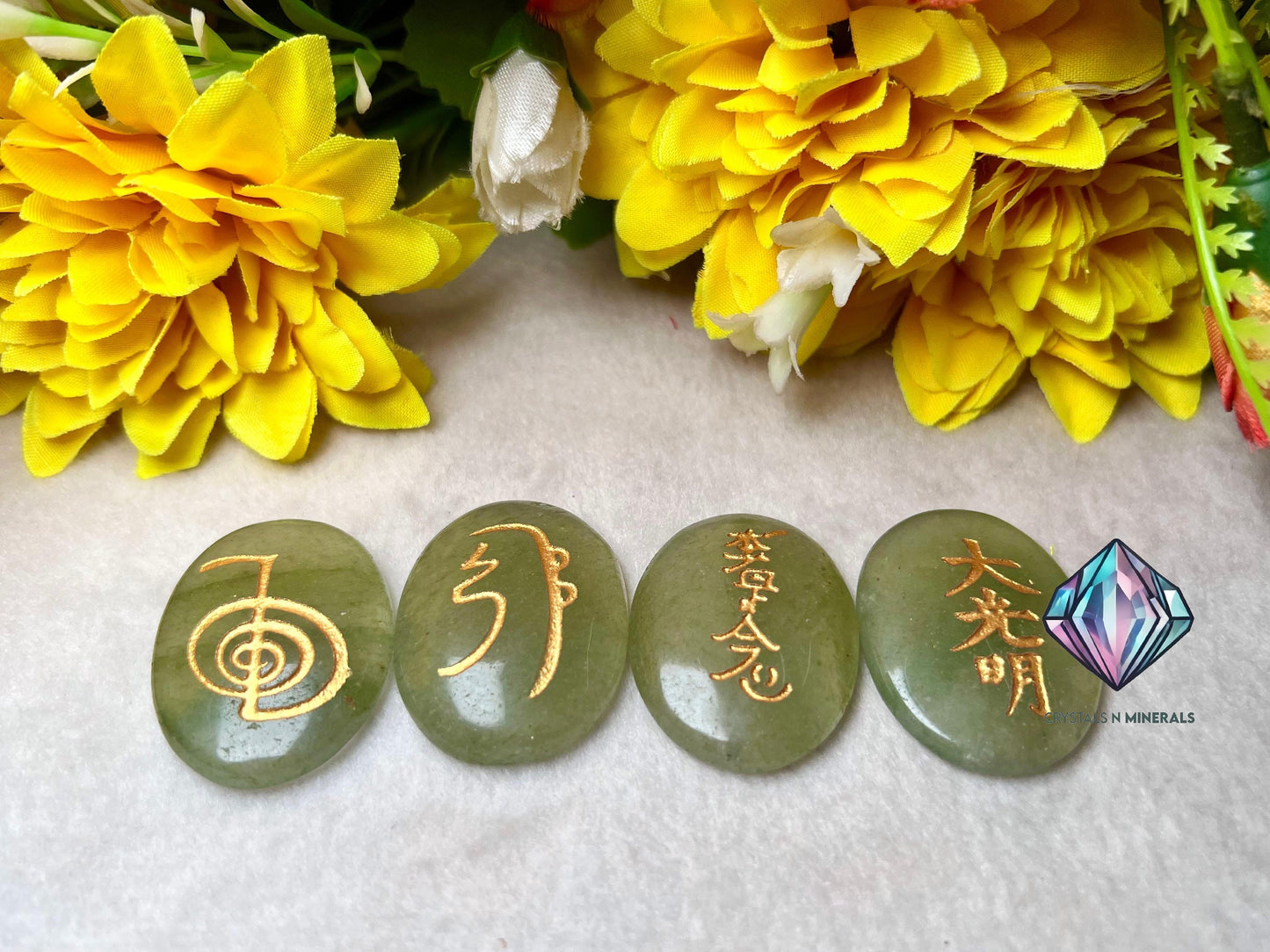 Green Aventurine Stone Set Of 4 Usui Reiki Symbol Engraved Oval Shape Stone l Cho Ku Rei l Sei Hei Ki l Hon Sha Ze Sho Nen l Dai Ko Myo