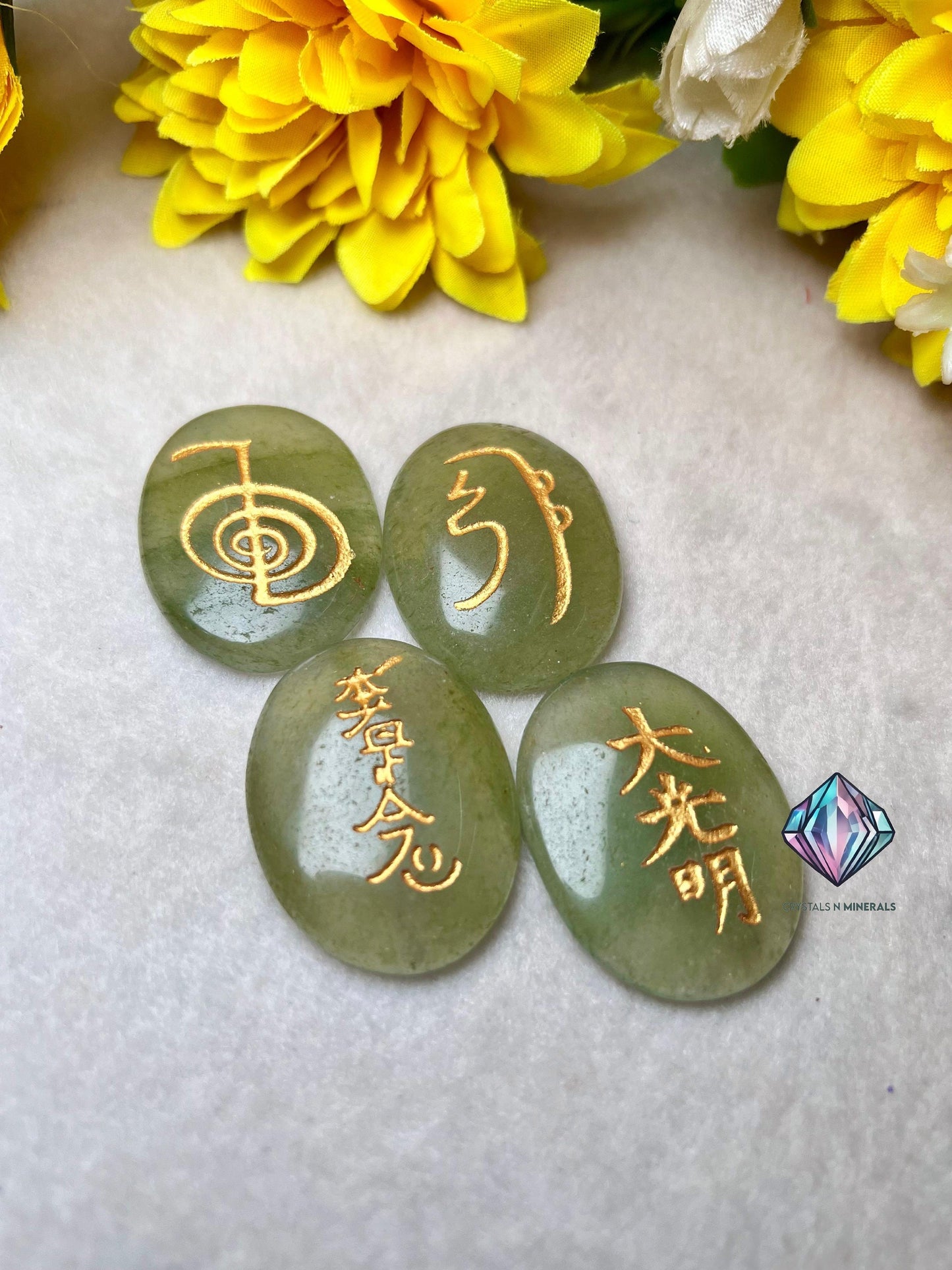 Green Aventurine Stone Set Of 4 Usui Reiki Symbol Engraved Oval Shape Stone l Cho Ku Rei l Sei Hei Ki l Hon Sha Ze Sho Nen l Dai Ko Myo