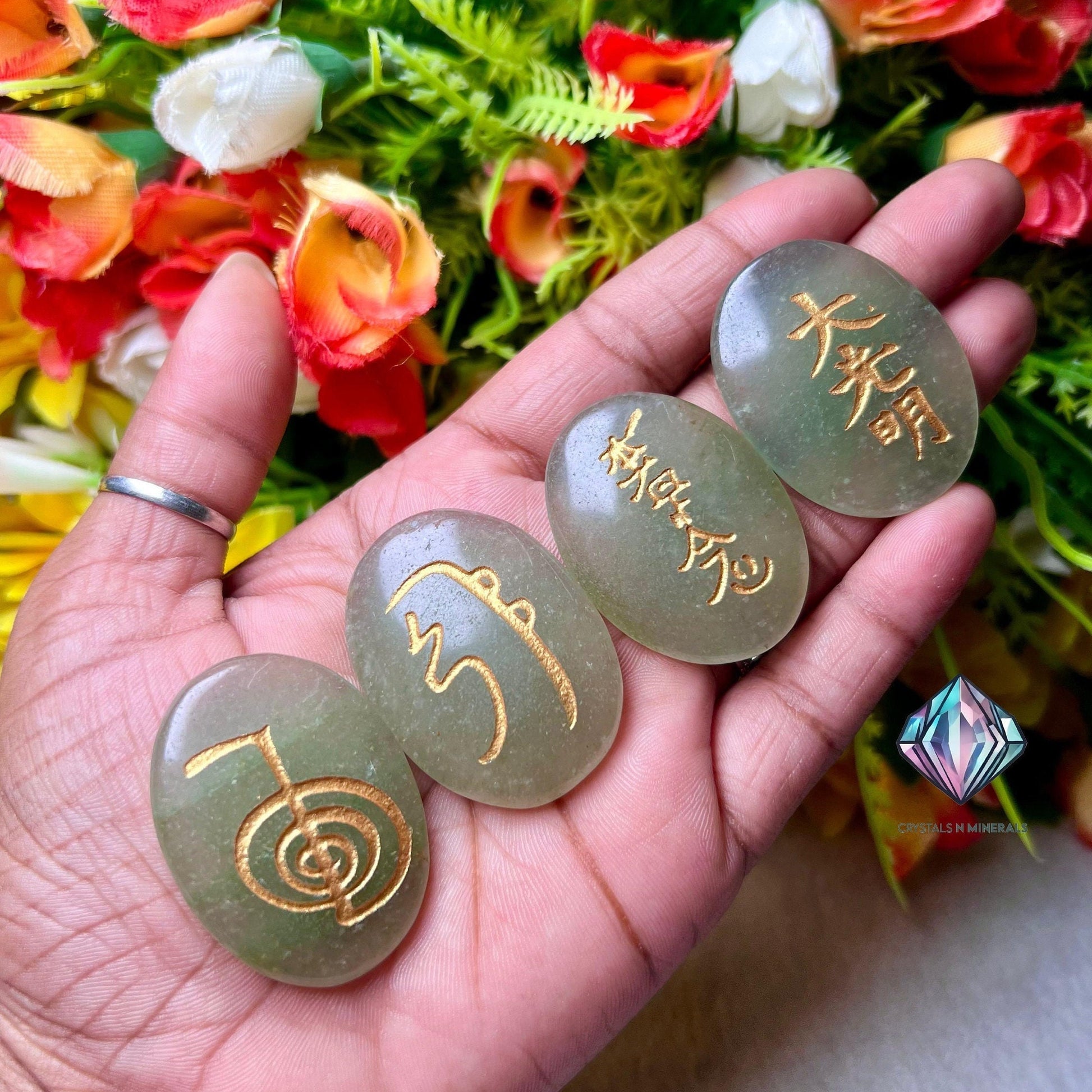 Green Aventurine Stone Set Of 4 Usui Reiki Symbol Engraved Oval Shape Stone l Cho Ku Rei l Sei Hei Ki l Hon Sha Ze Sho Nen l Dai Ko Myo