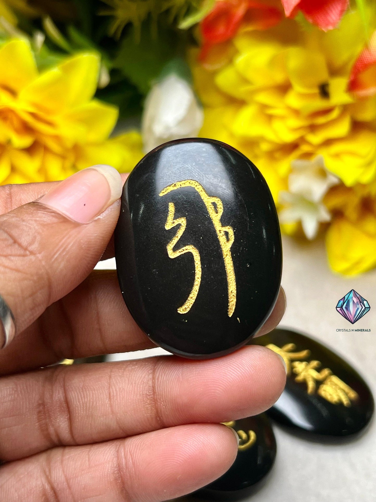 Black Tourmaline Stone Set Of 4 Usui Reiki Symbol Engraved Oval Shape Stone l Cho Ku Rei l Sei Hei Ki l Hon Sha Ze Sho Nen l Dai Ko Myo