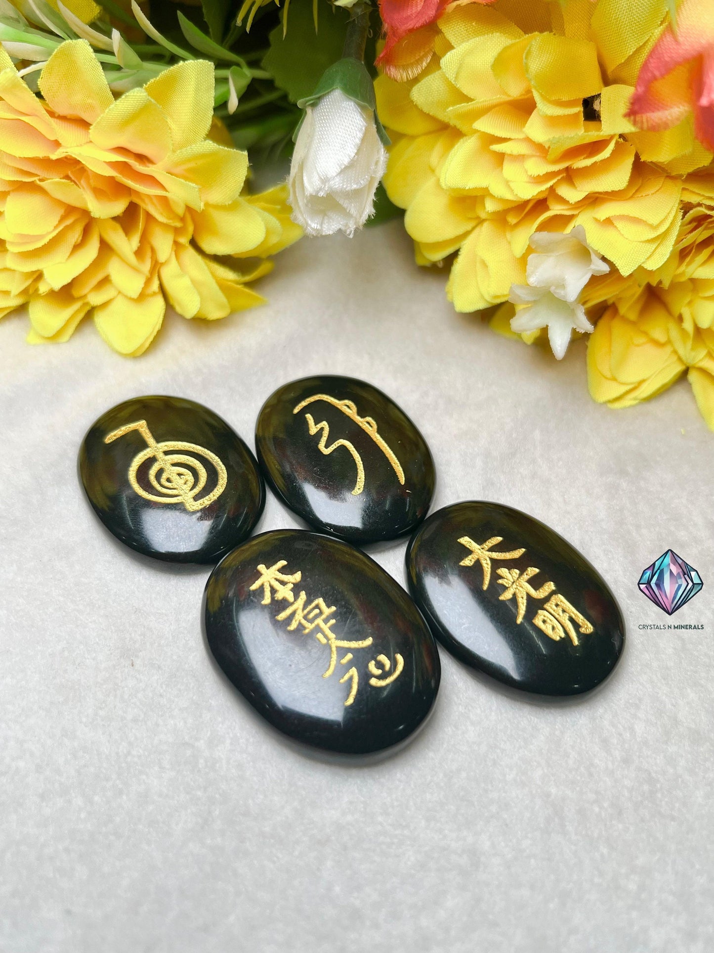 Black Tourmaline Stone Set Of 4 Usui Reiki Symbol Engraved Oval Shape Stone l Cho Ku Rei l Sei Hei Ki l Hon Sha Ze Sho Nen l Dai Ko Myo