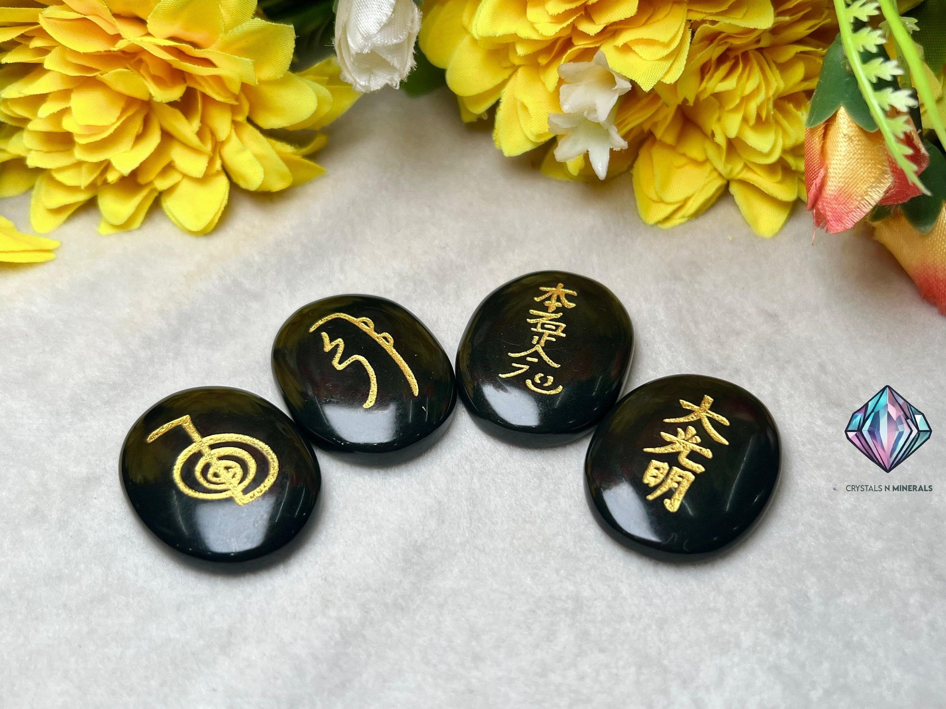 Black Tourmaline Stone Set Of 4 Usui Reiki Symbol Engraved Oval Shape Stone l Cho Ku Rei l Sei Hei Ki l Hon Sha Ze Sho Nen l Dai Ko Myo