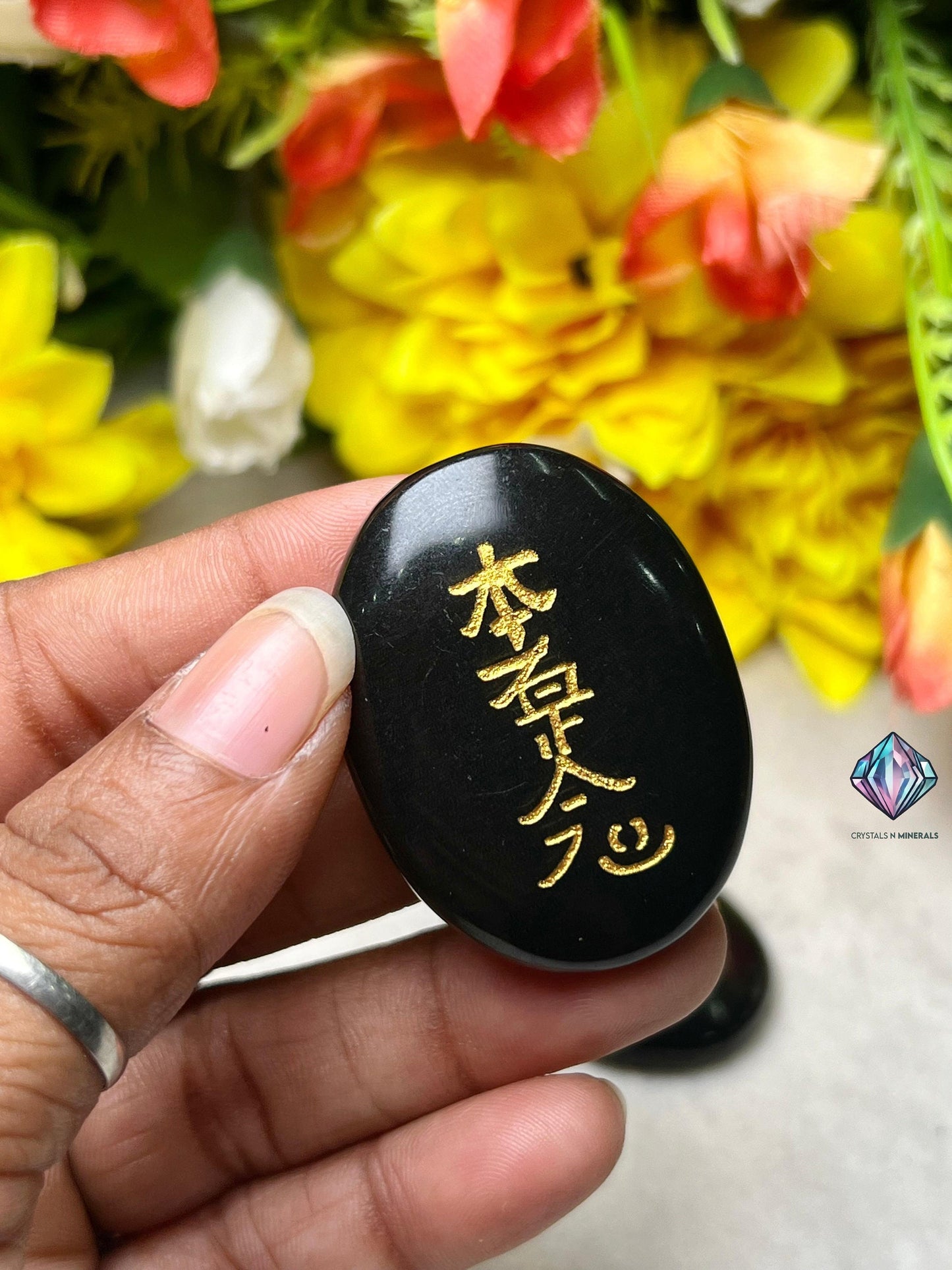 Black Tourmaline Stone Set Of 4 Usui Reiki Symbol Engraved Oval Shape Stone l Cho Ku Rei l Sei Hei Ki l Hon Sha Ze Sho Nen l Dai Ko Myo