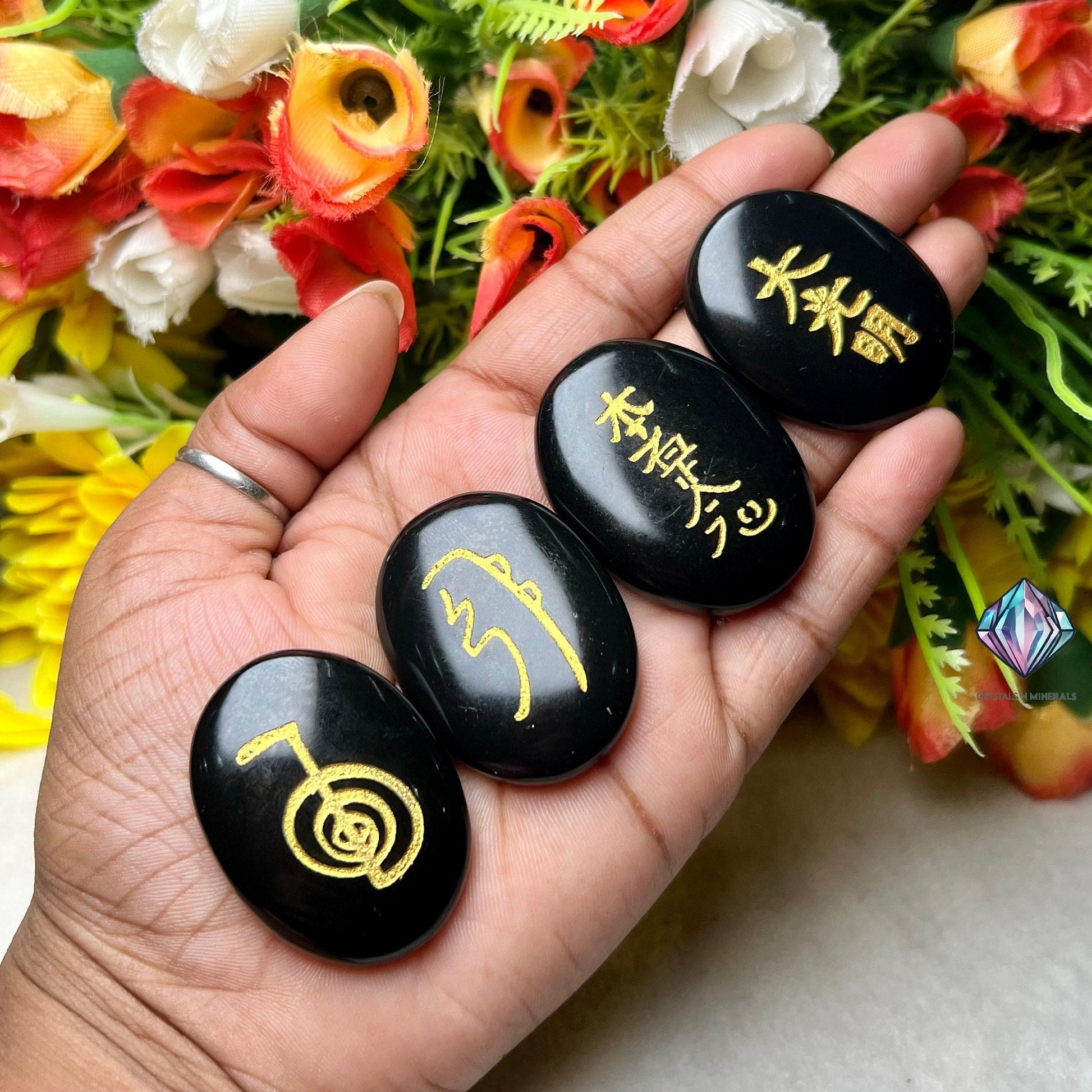 Black Tourmaline Stone Set Of 4 Usui Reiki Symbol Engraved Oval Shape Stone l Cho Ku Rei l Sei Hei Ki l Hon Sha Ze Sho Nen l Dai Ko Myo