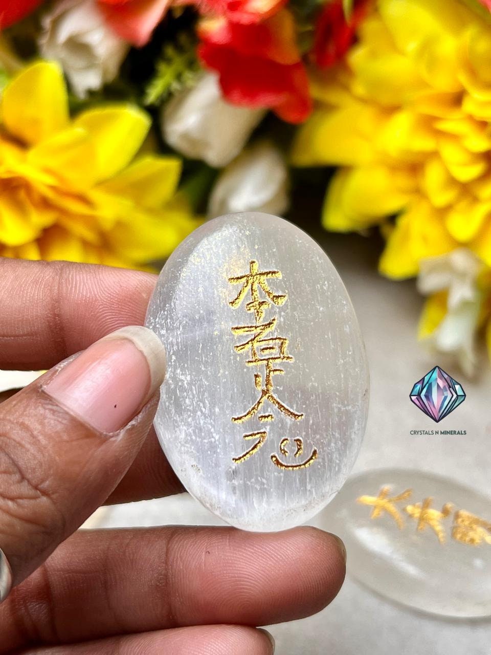 Selenite Stone Set Of 4 Usui Reiki Symbol Engraved Oval Shape Stone l Cho Ku Rei l Sei Hei Ki l Hon Sha Ze Sho Nen l Dai Ko Myo