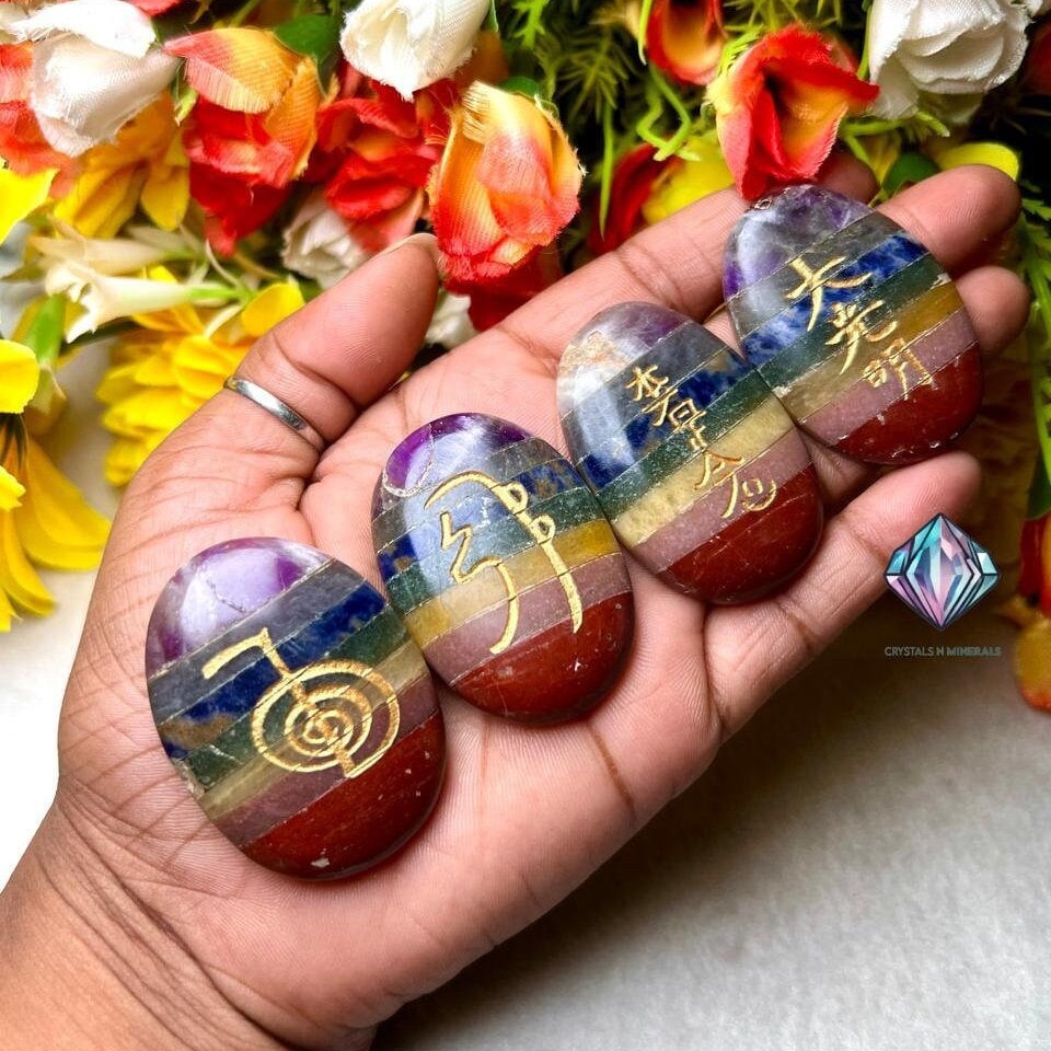 7 Seven Chakra Stone Set Of 4 Usui Reiki Symbol Engraved Oval Shape Stone l Cho Ku Rei l Sei Hei Ki l Hon Sha Ze Sho Nen l Dai Ko Myo