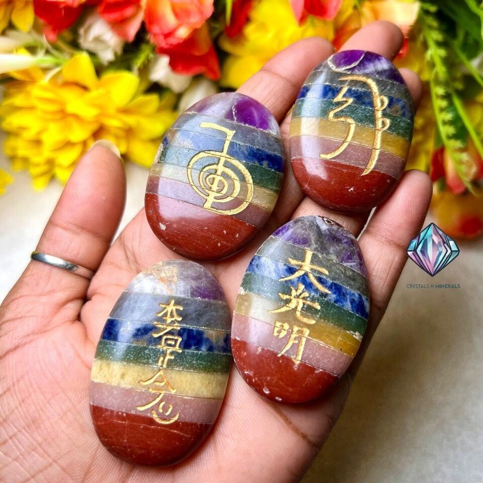 7 Seven Chakra Stone Set Of 4 Usui Reiki Symbol Engraved Oval Shape Stone l Cho Ku Rei l Sei Hei Ki l Hon Sha Ze Sho Nen l Dai Ko Myo