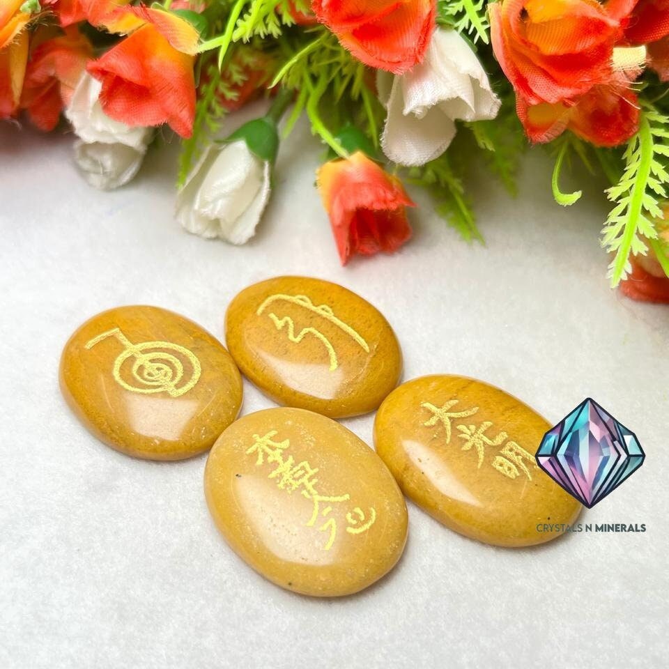 Yellow Aventurine Stone Set Of 4 Usui Reiki Symbol Engraved Oval Shape Stone l Cho Ku Rei l Sei Hei Ki l Hon Sha Ze Sho Nen l Dai Ko Myo