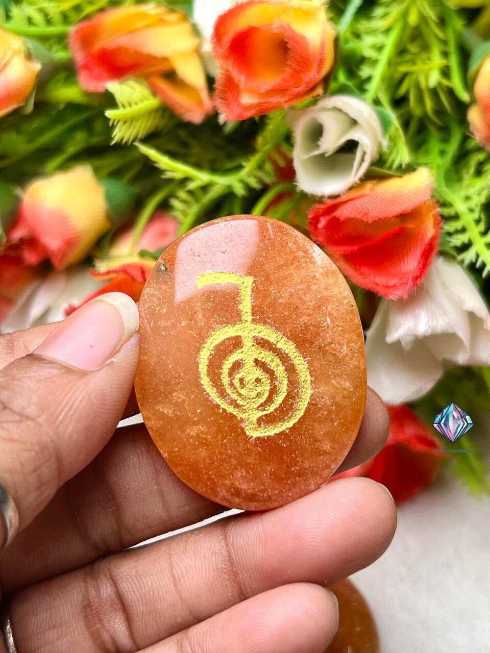 Pink Orange Aventurine Stone Set Of 4 Usui Reiki Symbol Engraved Oval Shape Stone Cho Ku Rei l Sei Hei Ki l Hon Sha Ze Sho Nen l Dai Ko Myo