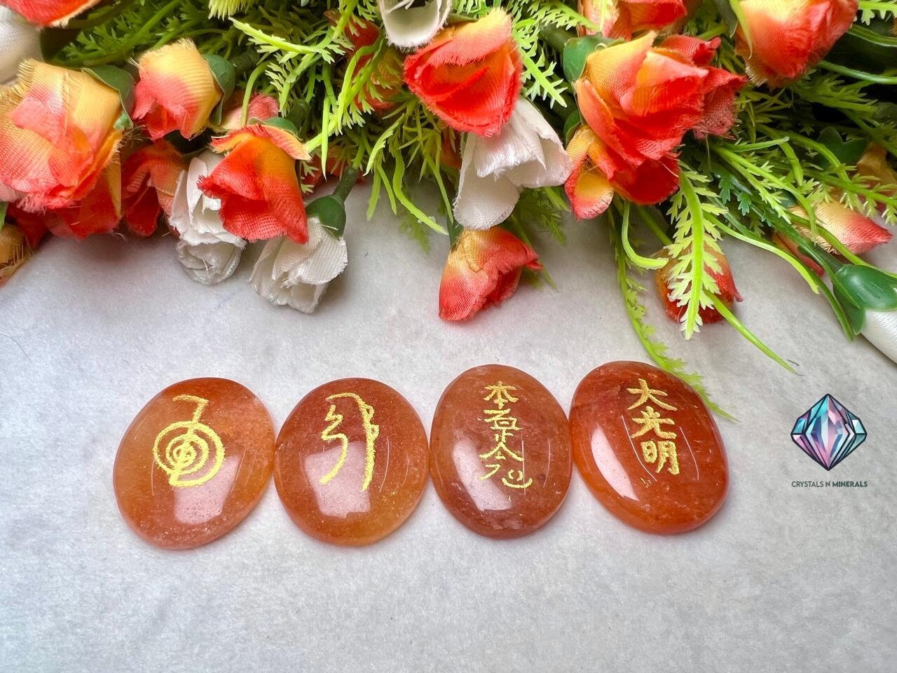 Pink Orange Aventurine Stone Set Of 4 Usui Reiki Symbol Engraved Oval Shape Stone Cho Ku Rei l Sei Hei Ki l Hon Sha Ze Sho Nen l Dai Ko Myo