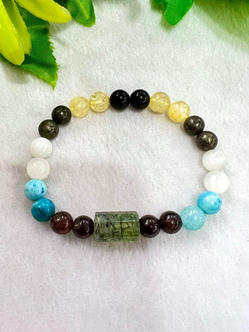 Master Healer Stone Bracelet Rainbow Obsidian ,Pyrite , Selenite , Hessonite , Prehnite ,Blue Smithsonite ,Citrine Stone Bracelet 8 mm