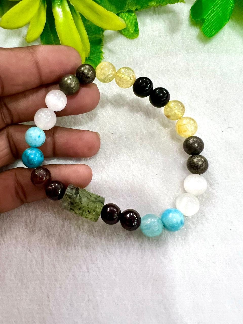 Master Healer Stone Bracelet Rainbow Obsidian ,Pyrite , Selenite , Hessonite , Prehnite ,Blue Smithsonite ,Citrine Stone Bracelet 8 mm