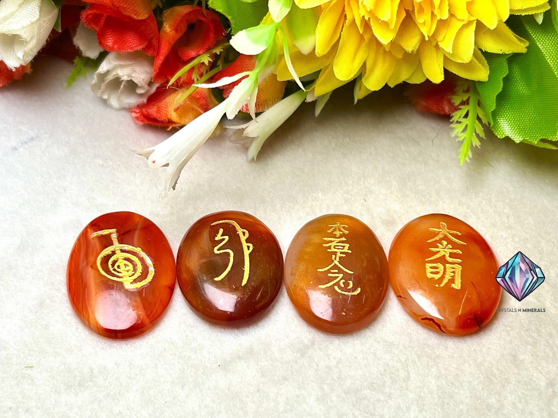 Carnelian Stone Set Of 4 Usui Reiki Symbol Engraved Oval Shape Stone Cho Ku Rei l Sei Hei Ki l Hon Sha Ze Sho Nen l Dai Ko Myo