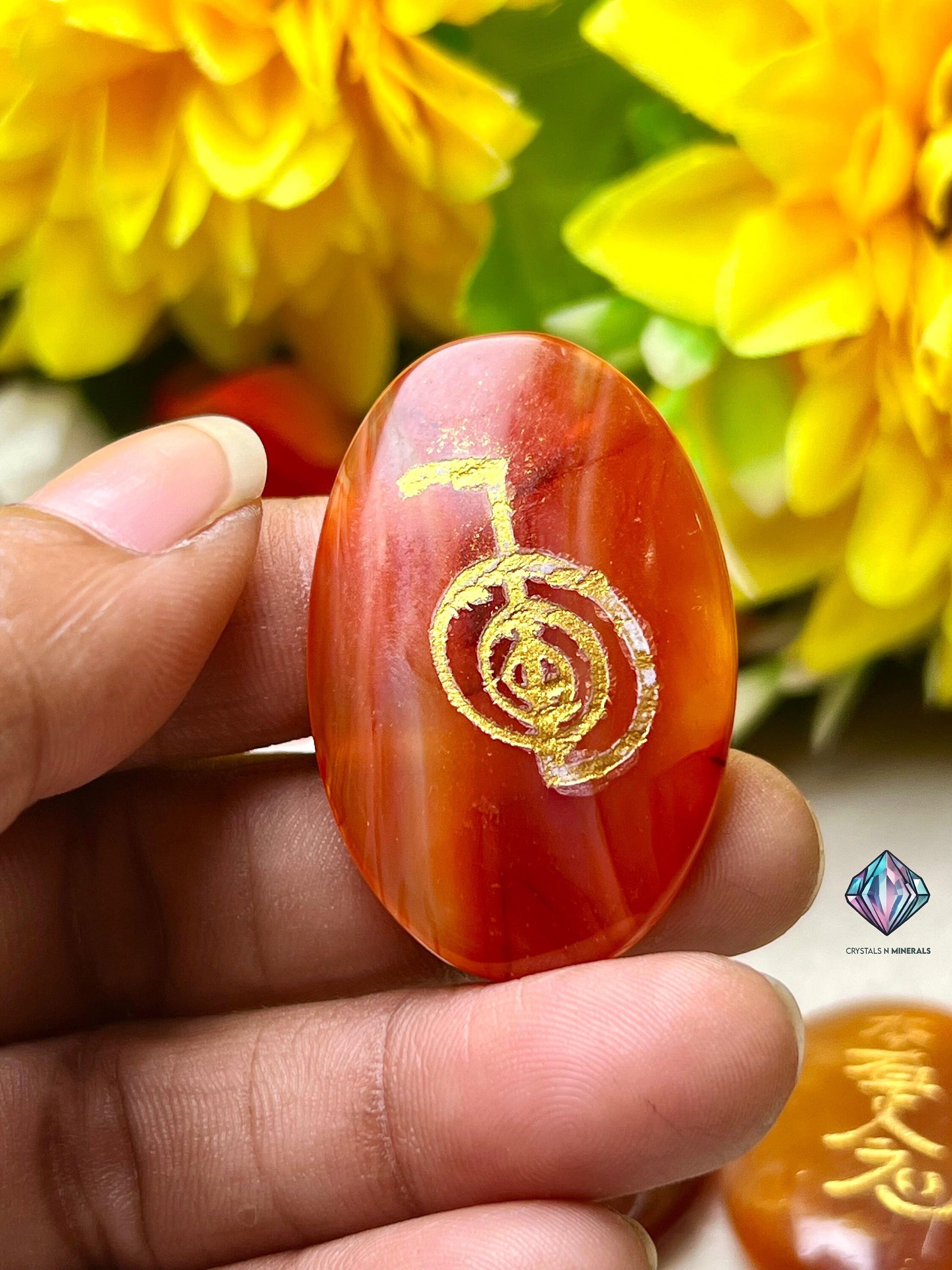 Carnelian Stone Set Of 4 Usui Reiki Symbol Engraved Oval Shape Stone Cho Ku Rei l Sei Hei Ki l Hon Sha Ze Sho Nen l Dai Ko Myo