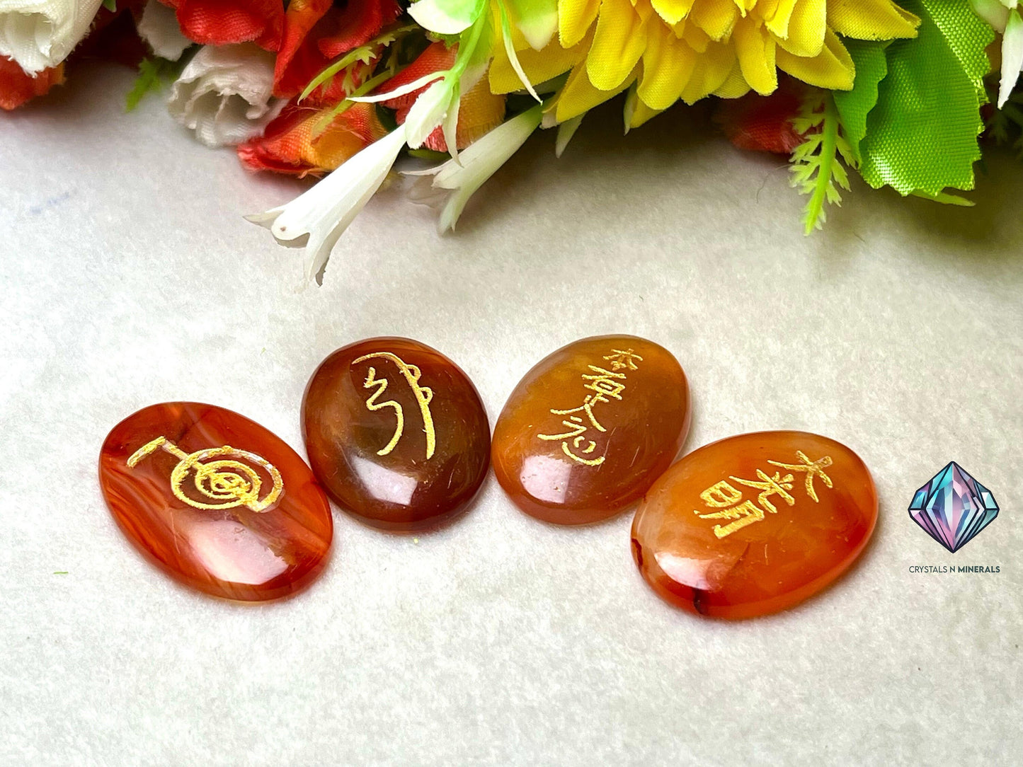 Carnelian Stone Set Of 4 Usui Reiki Symbol Engraved Oval Shape Stone Cho Ku Rei l Sei Hei Ki l Hon Sha Ze Sho Nen l Dai Ko Myo