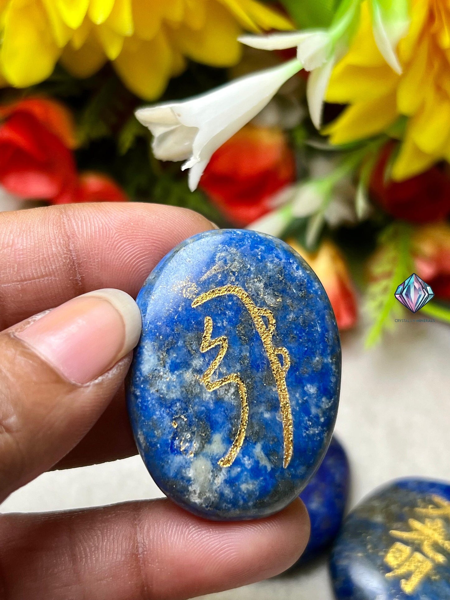 Lapis lazuli Stone Set Of 4 Usui Reiki Symbol Engraved Oval Shape Stone l Cho Ku Rei l Sei Hei Ki l Hon Sha Ze Sho Nen l Dai Ko Myo