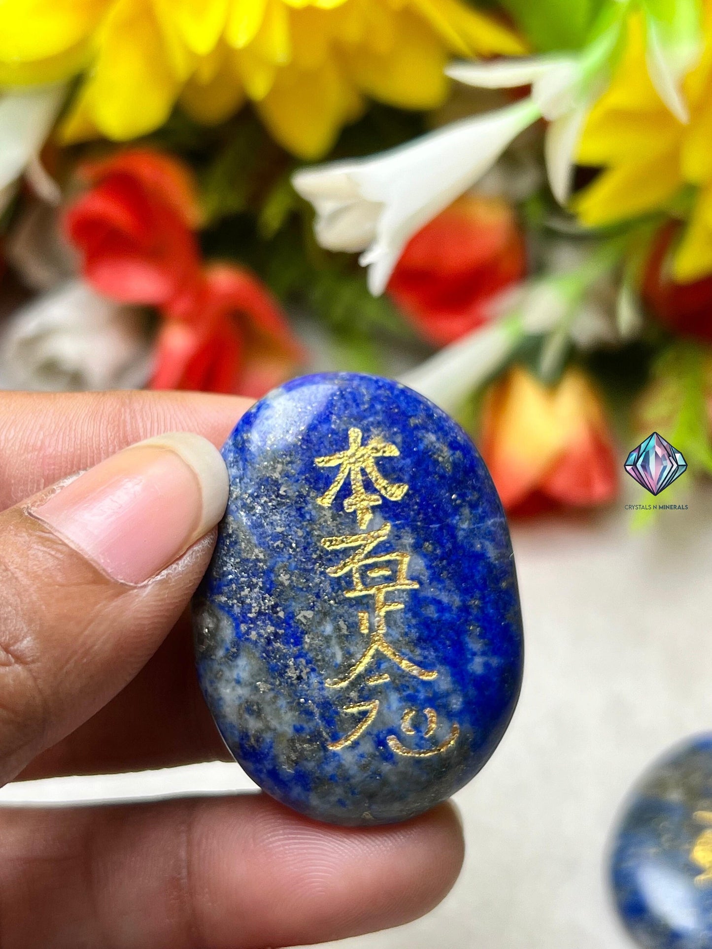 Lapis lazuli Stone Set Of 4 Usui Reiki Symbol Engraved Oval Shape Stone l Cho Ku Rei l Sei Hei Ki l Hon Sha Ze Sho Nen l Dai Ko Myo