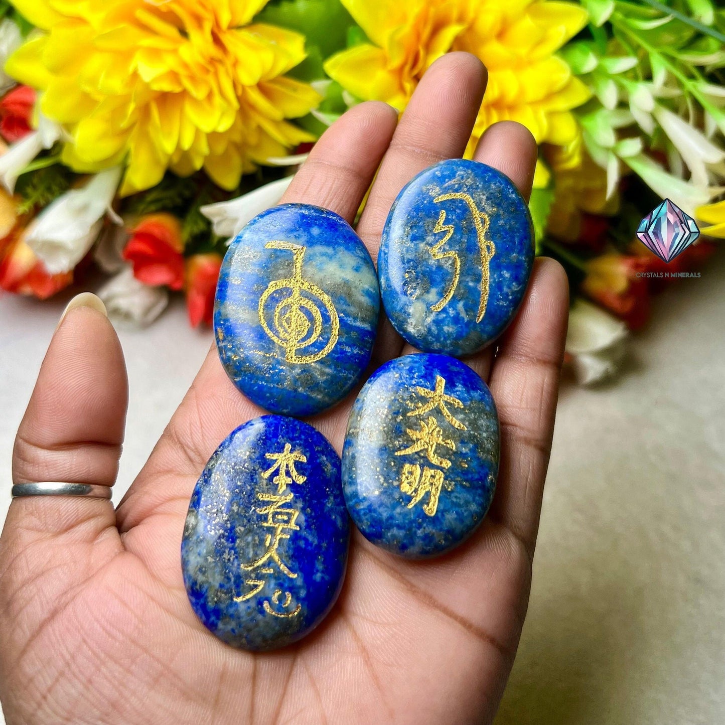 Lapis lazuli Stone Set Of 4 Usui Reiki Symbol Engraved Oval Shape Stone l Cho Ku Rei l Sei Hei Ki l Hon Sha Ze Sho Nen l Dai Ko Myo