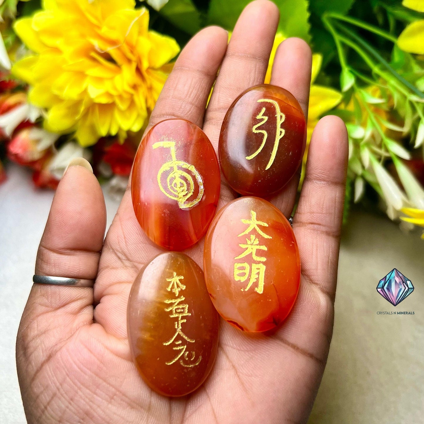 Carnelian Stone Set Of 4 Usui Reiki Symbol Engraved Oval Shape Stone Cho Ku Rei l Sei Hei Ki l Hon Sha Ze Sho Nen l Dai Ko Myo