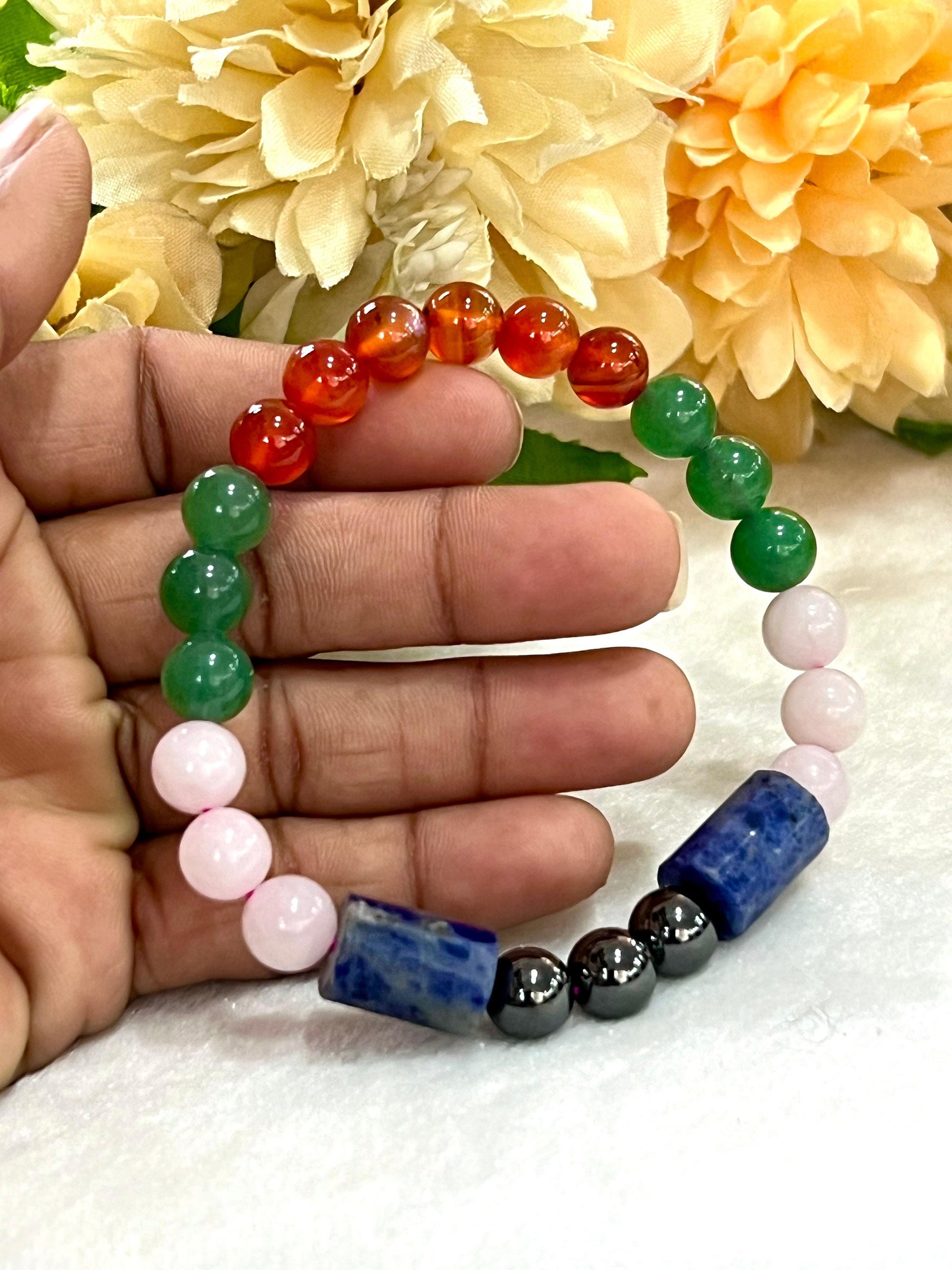 Awaking Love Crystal Stone Green Aventurine , Sodalite , Rose Quartz , Magnetite , Carnelian Stone Bracelet 8 mm