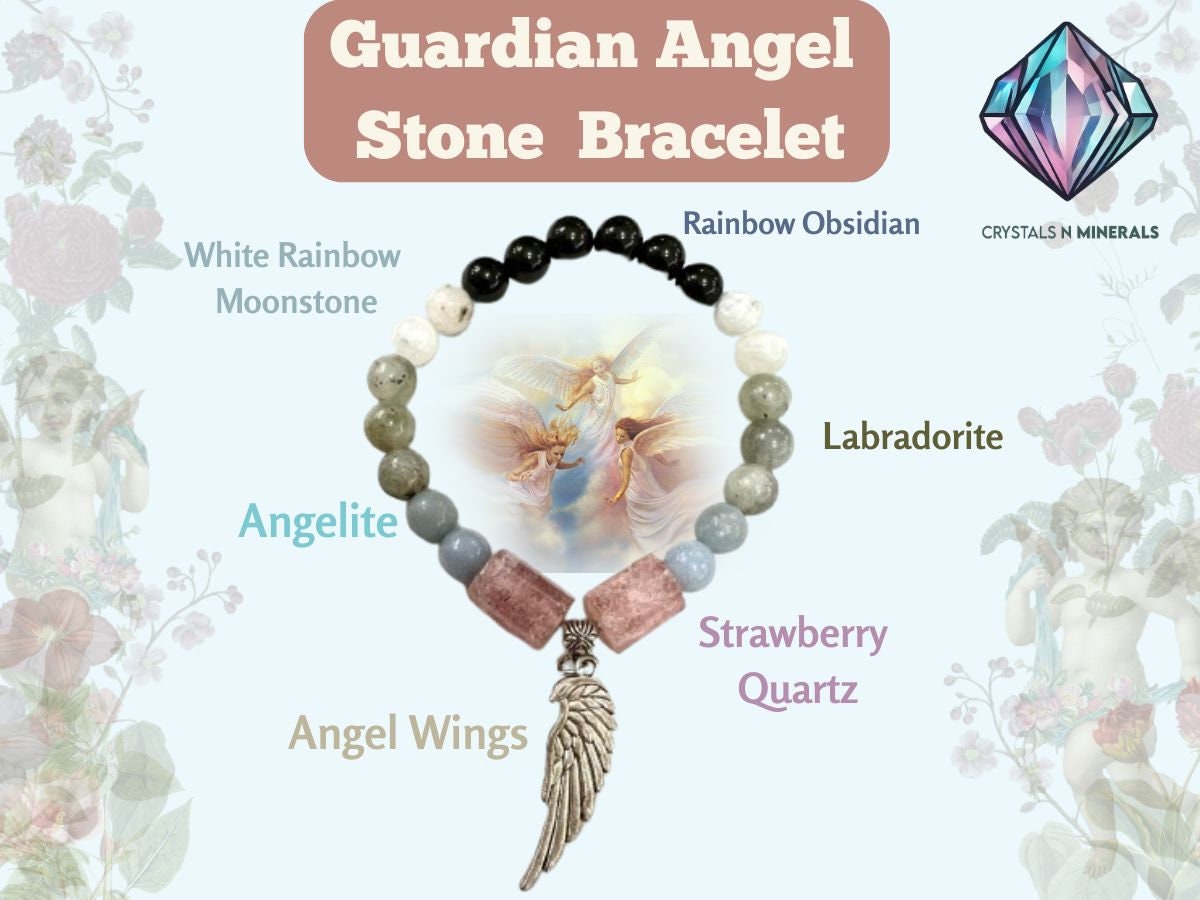 Guardian Angel Stone Rainbow Moonstone ,Strawberry Quartz ,Angelite ,Labradorite ,Rainbow Obsidian Stone Bracelet 8 mm with Angel Wing Charm