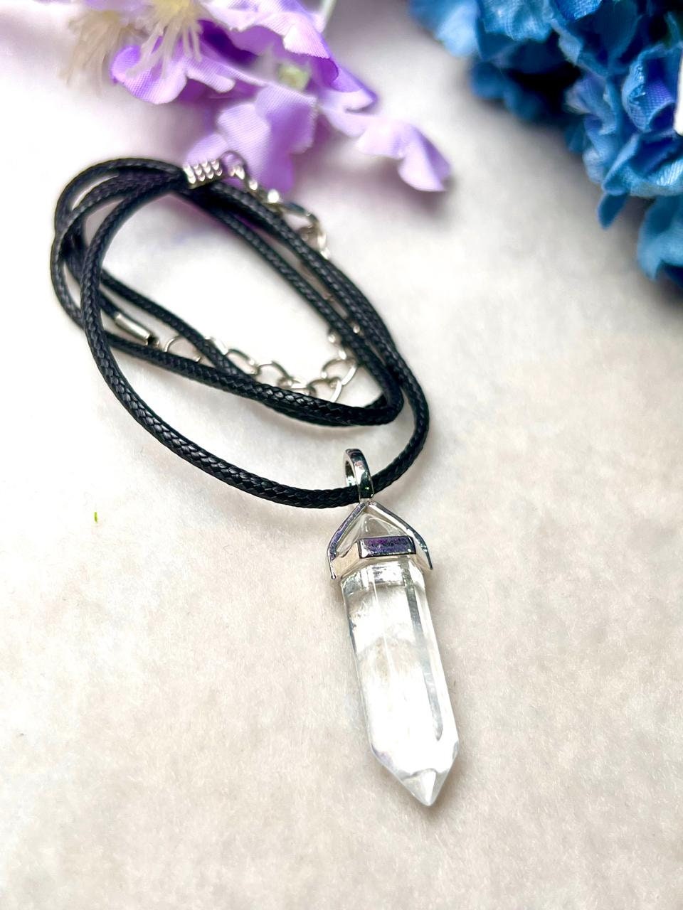 Crystal Stone Double Point Pencil Pendant with Black Cord