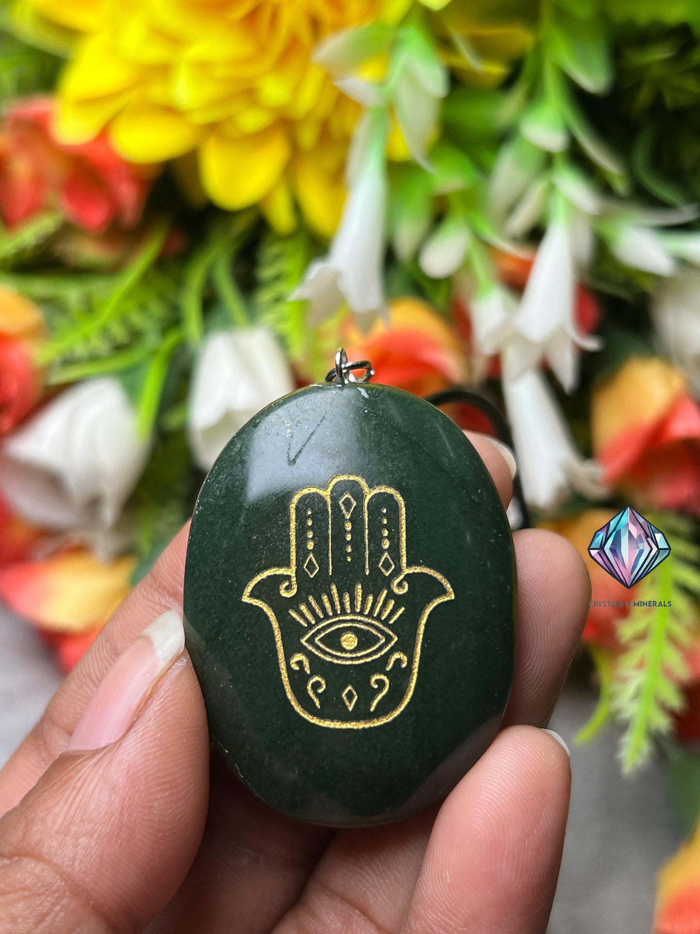 Green Jade Stone Zibu Hand Of Hamsa Angelic Symbol Pendant with Black Cord For Protection of Every Negative thing