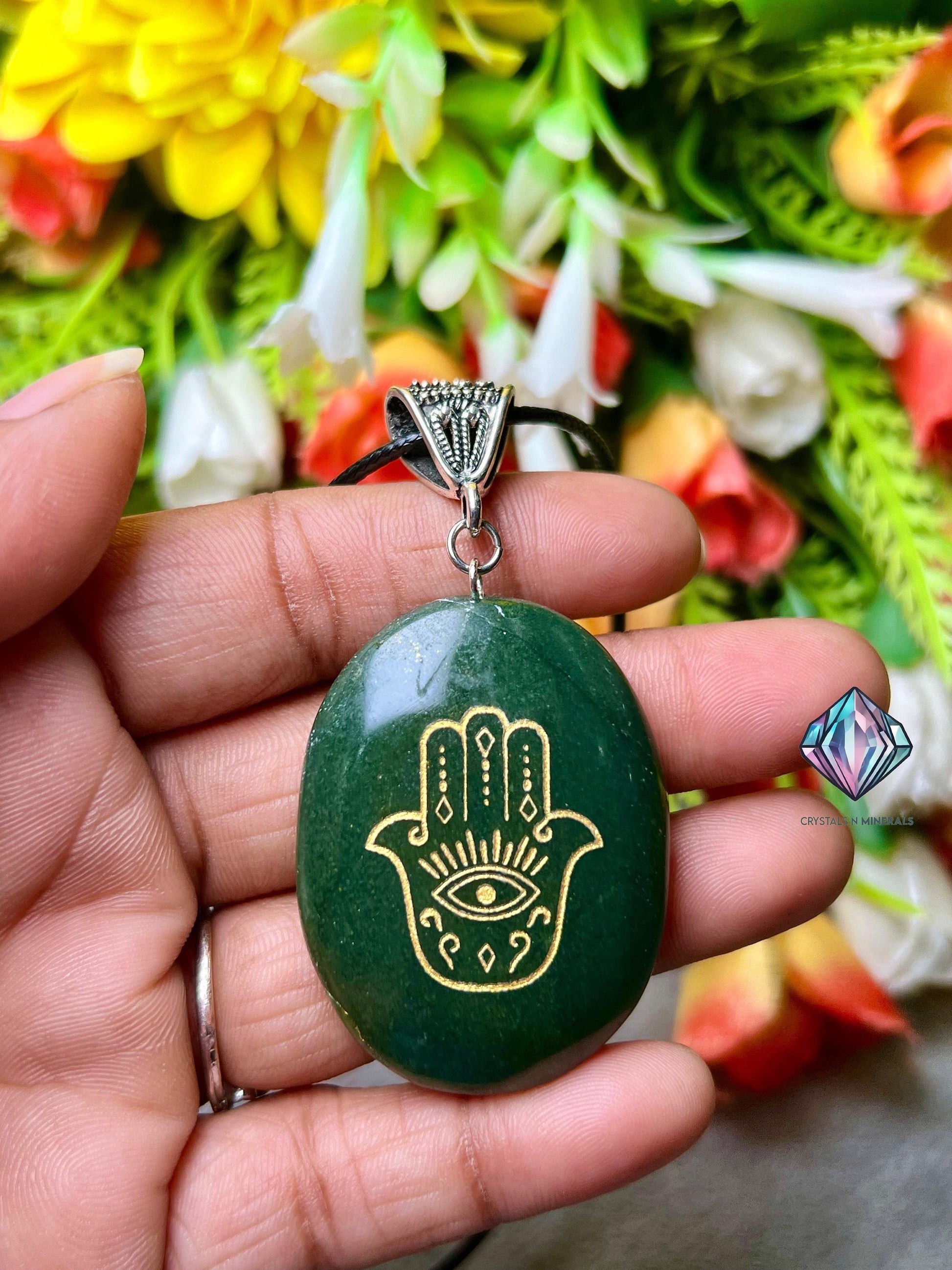 Green Jade Stone Zibu Hand Of Hamsa Angelic Symbol Pendant with Black Cord For Protection of Every Negative thing