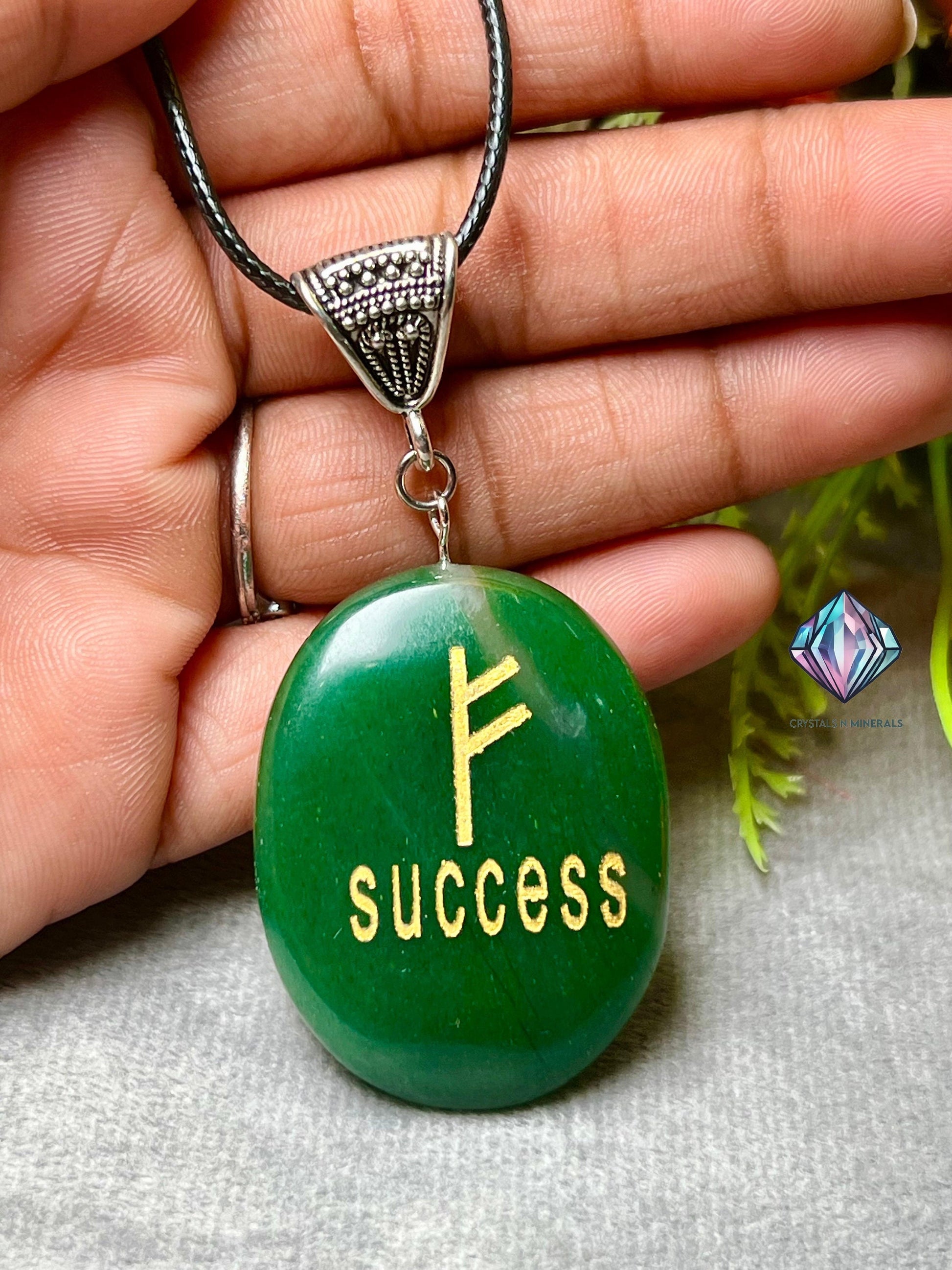 Green Jade Stone Zibu SUCCESS Angelic Symbol Pendant with Black Cord