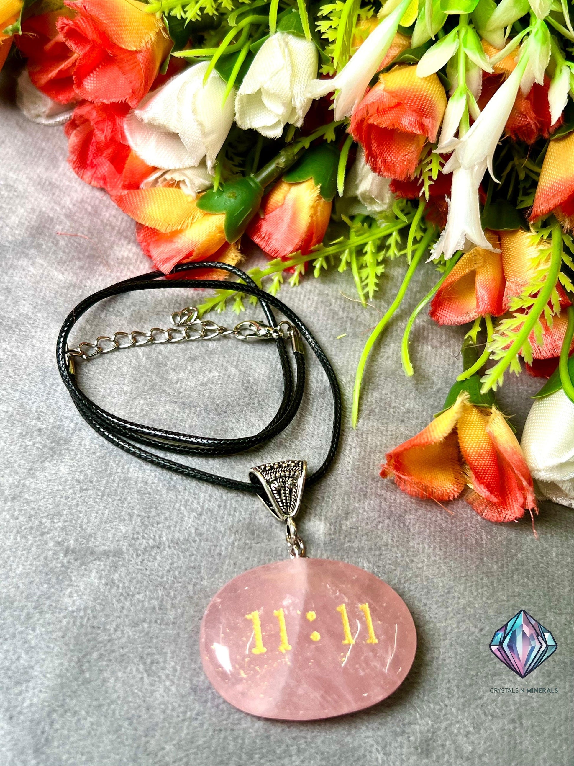 Angel Number 11:11 Rose Quartz Stone Zibu Angelic Symbol Pendant With Black Cord