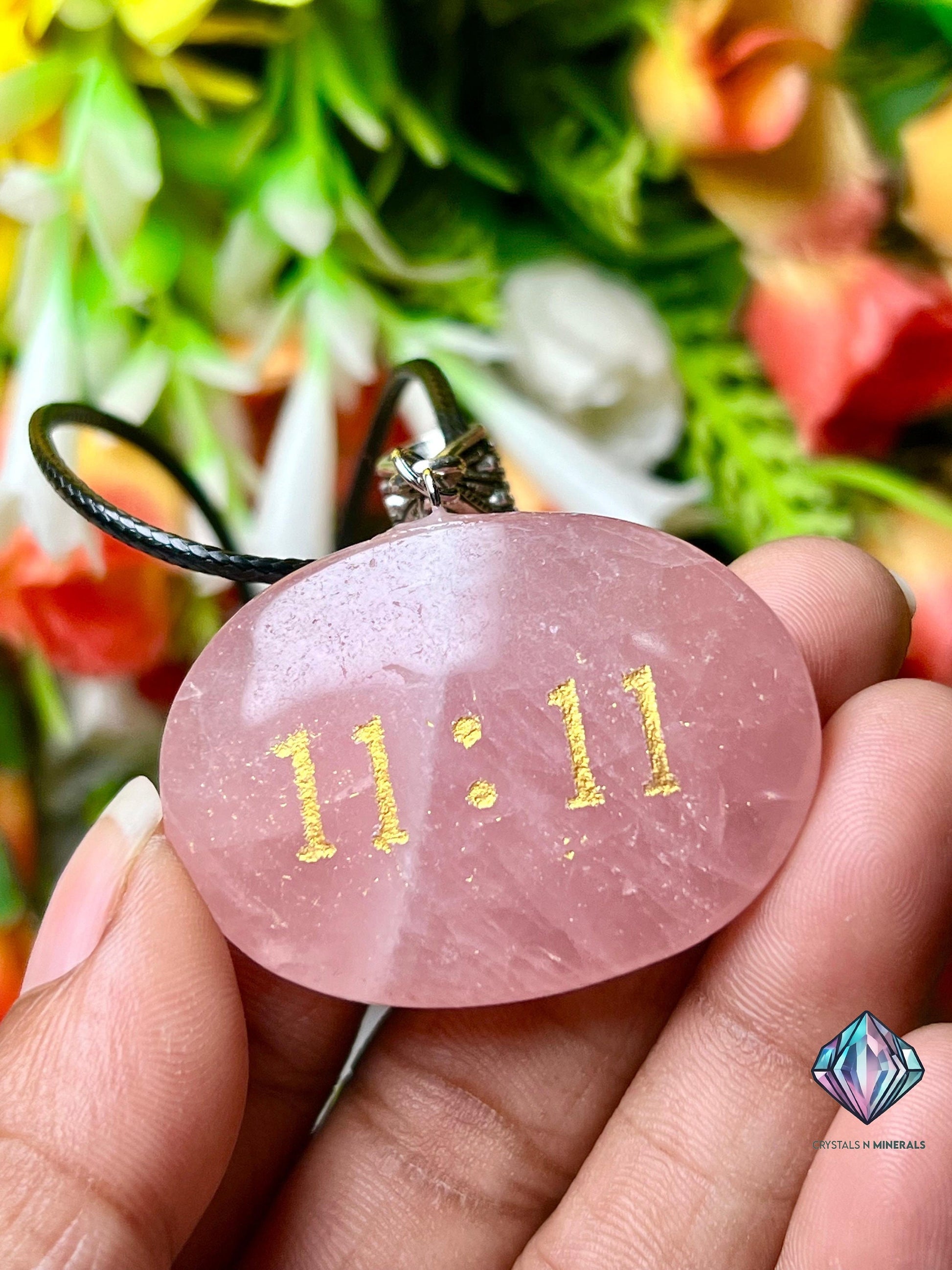 Angel Number 11:11 Rose Quartz Stone Zibu Angelic Symbol Pendant With Black Cord