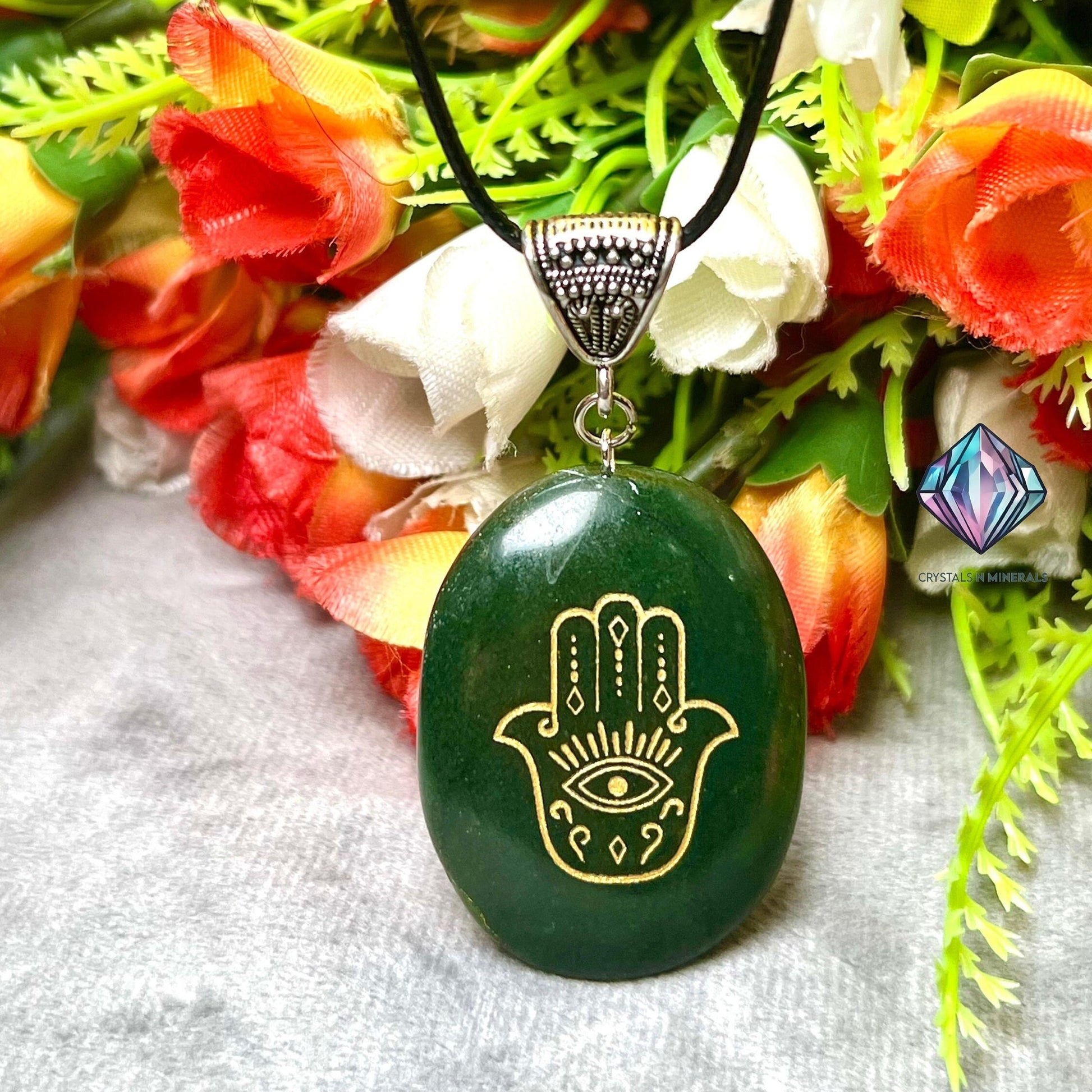 Green Jade Stone Zibu Hand Of Hamsa Angelic Symbol Pendant with Black Cord For Protection of Every Negative thing