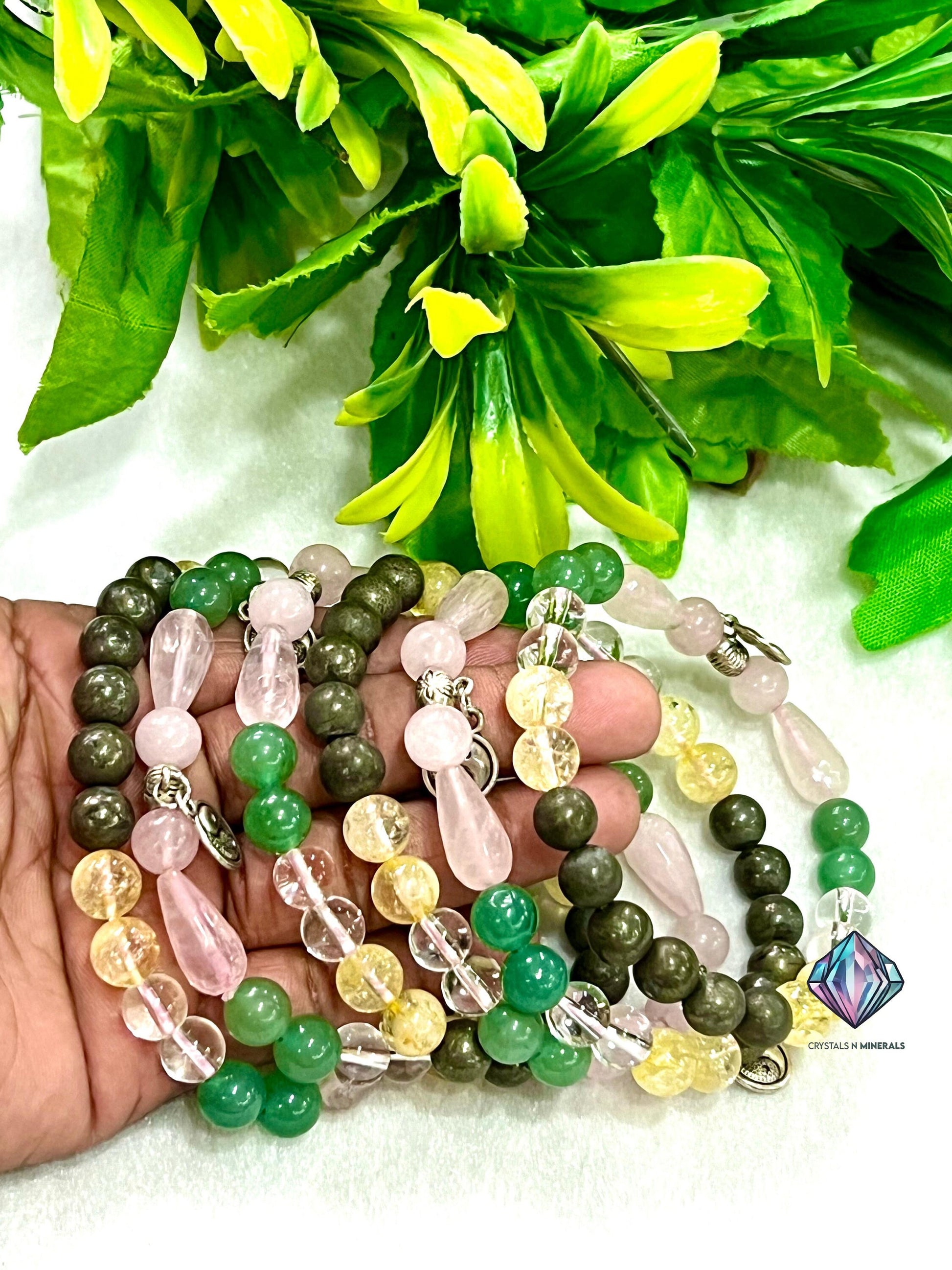 Feng Shui Stone Bracelet  Pyrite ,Green Aventurine , Citrine , Clear Quartz , Rose Quartz Stone Bracelet 8 mm with Yin Yang Charm