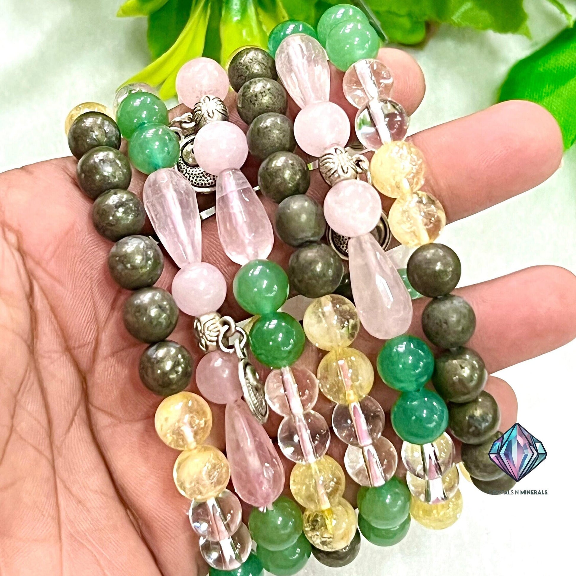 Feng Shui Stone Bracelet  Pyrite ,Green Aventurine , Citrine , Clear Quartz , Rose Quartz Stone Bracelet 8 mm with Yin Yang Charm