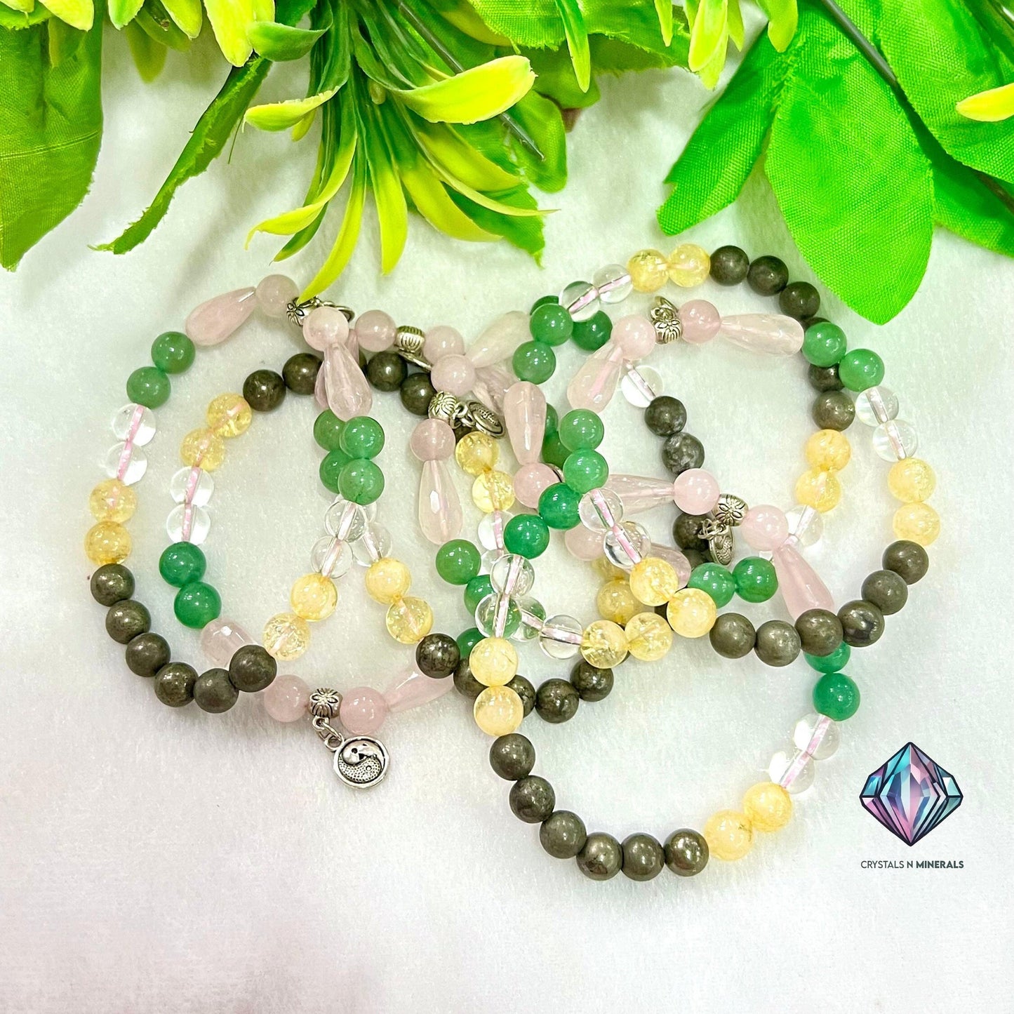 Feng Shui Stone Bracelet  Pyrite ,Green Aventurine , Citrine , Clear Quartz , Rose Quartz Stone Bracelet 8 mm with Yin Yang Charm