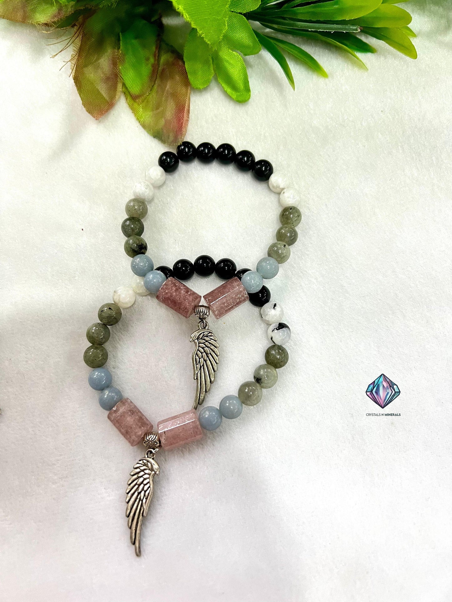 Guardian Angel Stone Rainbow Moonstone ,Strawberry Quartz ,Angelite ,Labradorite ,Rainbow Obsidian Stone Bracelet 8 mm with Angel Wing Charm