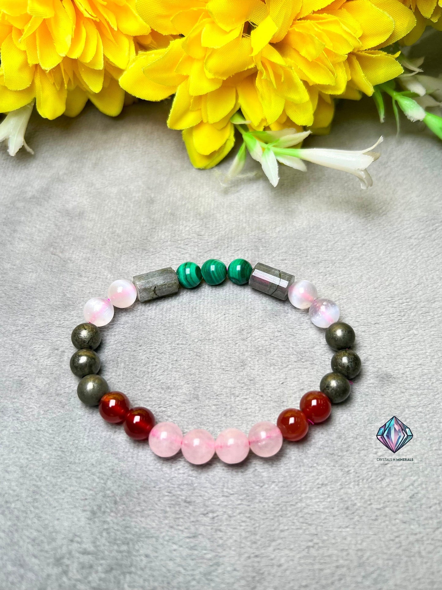 Tarot Card Reader Stone Bracelet Rose Quartz ,Carnelian , Selenite , Malachite , Labradorite ,Pyrite Stone Bracelet 8 mm