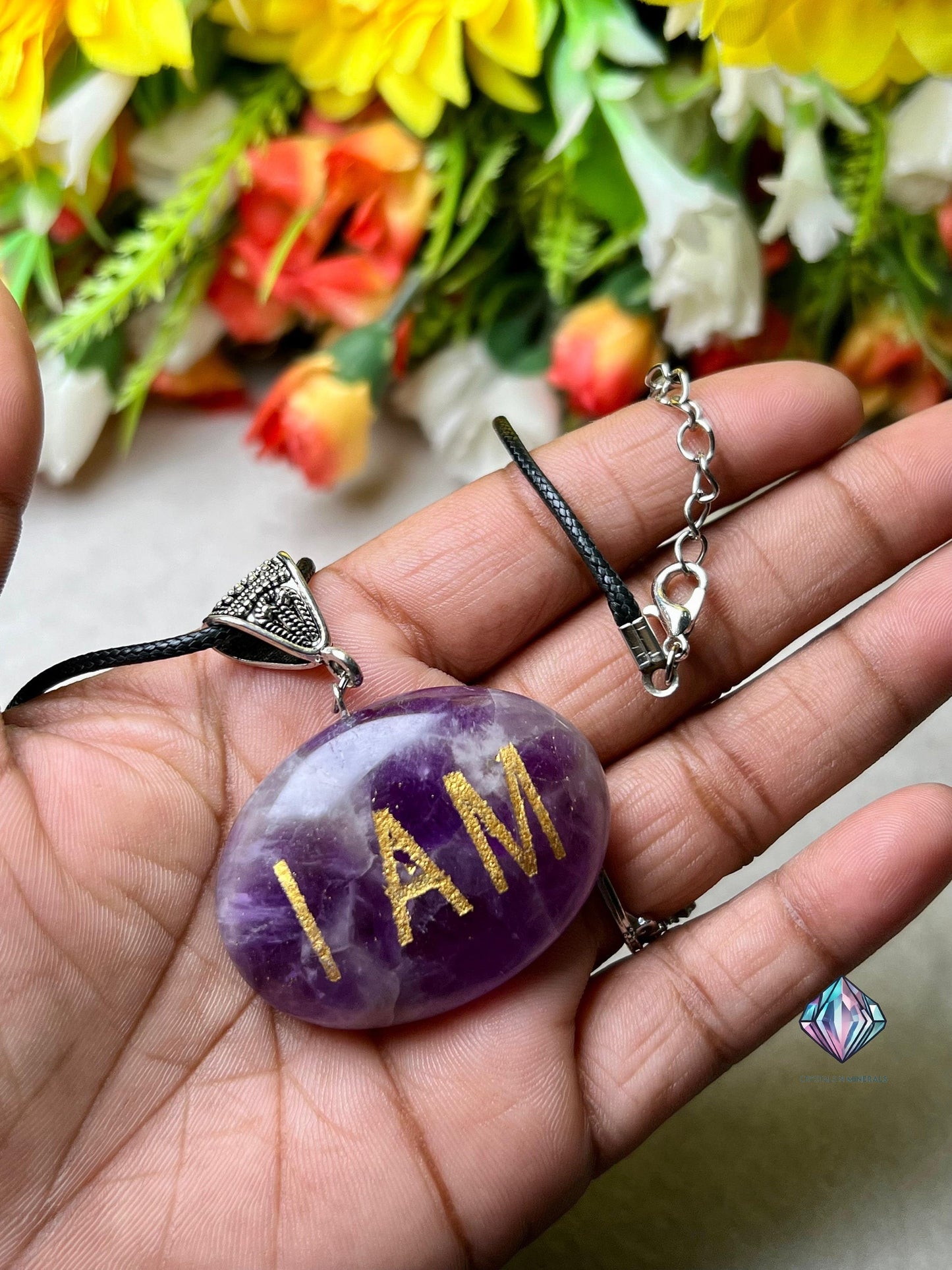 Amethyst Stone "I AM" Spiritual Connecting Healing Pendant With Black Cord