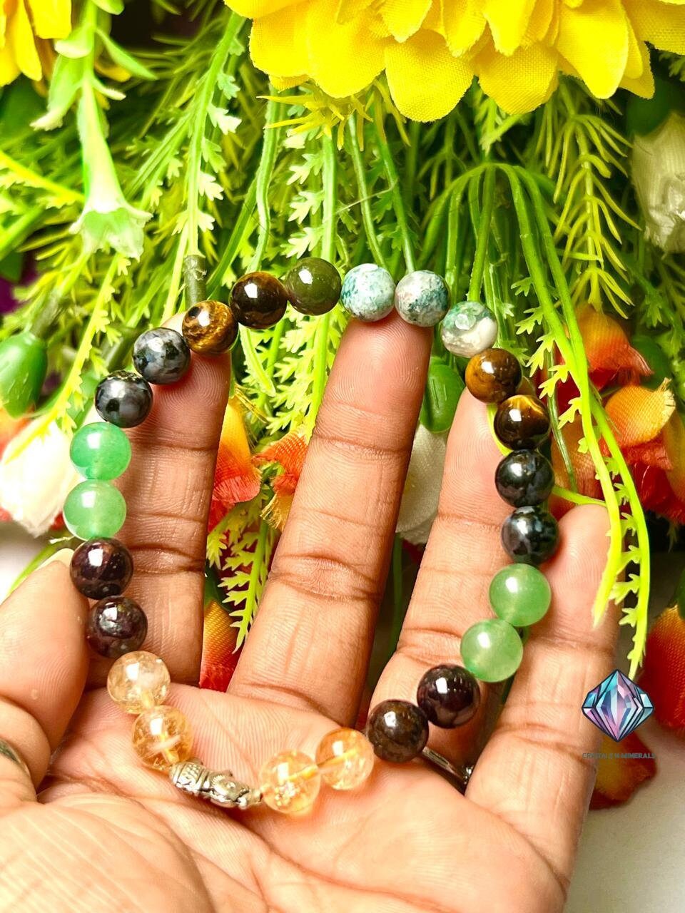 Good Luck Stone Moss Agate , Tiger's Eye , Green Aventurine , Citrine , Garnet , Merlinite Stone Bracelet 8 mm with Elephant Charm