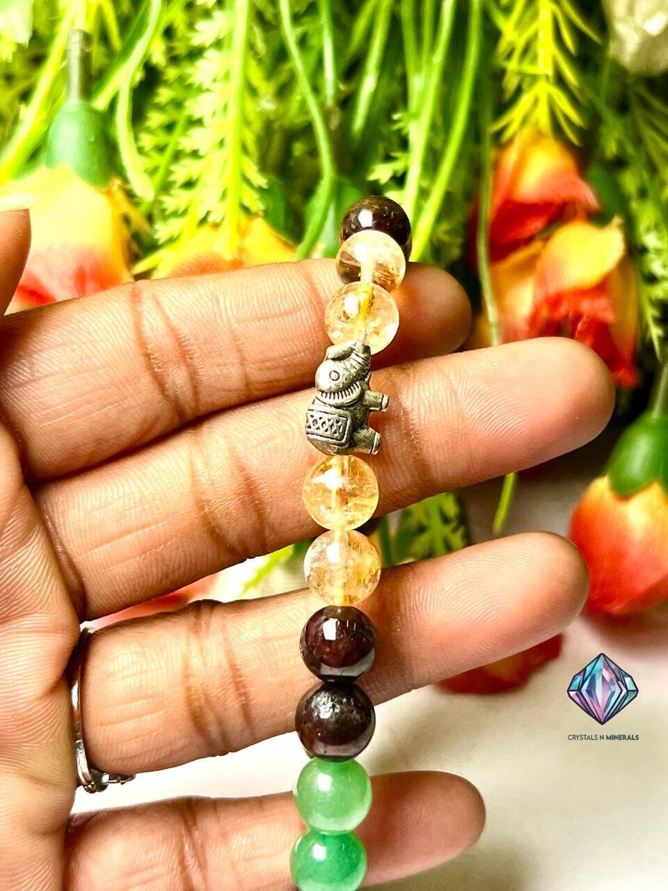 Good Luck Stone Moss Agate , Tiger's Eye , Green Aventurine , Citrine , Garnet , Merlinite Stone Bracelet 8 mm with Elephant Charm