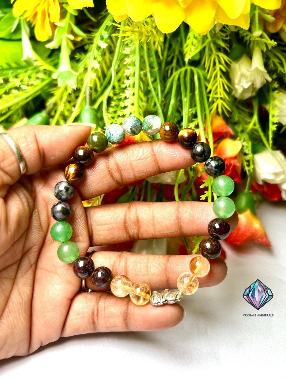 Good Luck Stone Moss Agate , Tiger's Eye , Green Aventurine , Citrine , Garnet , Merlinite Stone Bracelet 8 mm with Elephant Charm