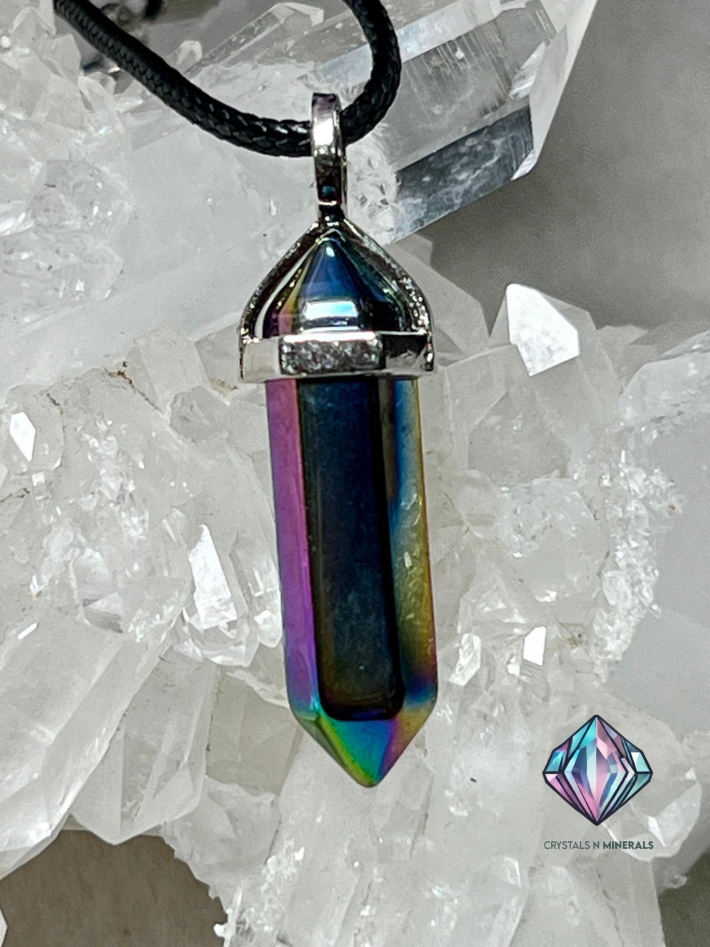 Titanium Aura Quartz Stone Double Point Pencil Pendant with Black Cord