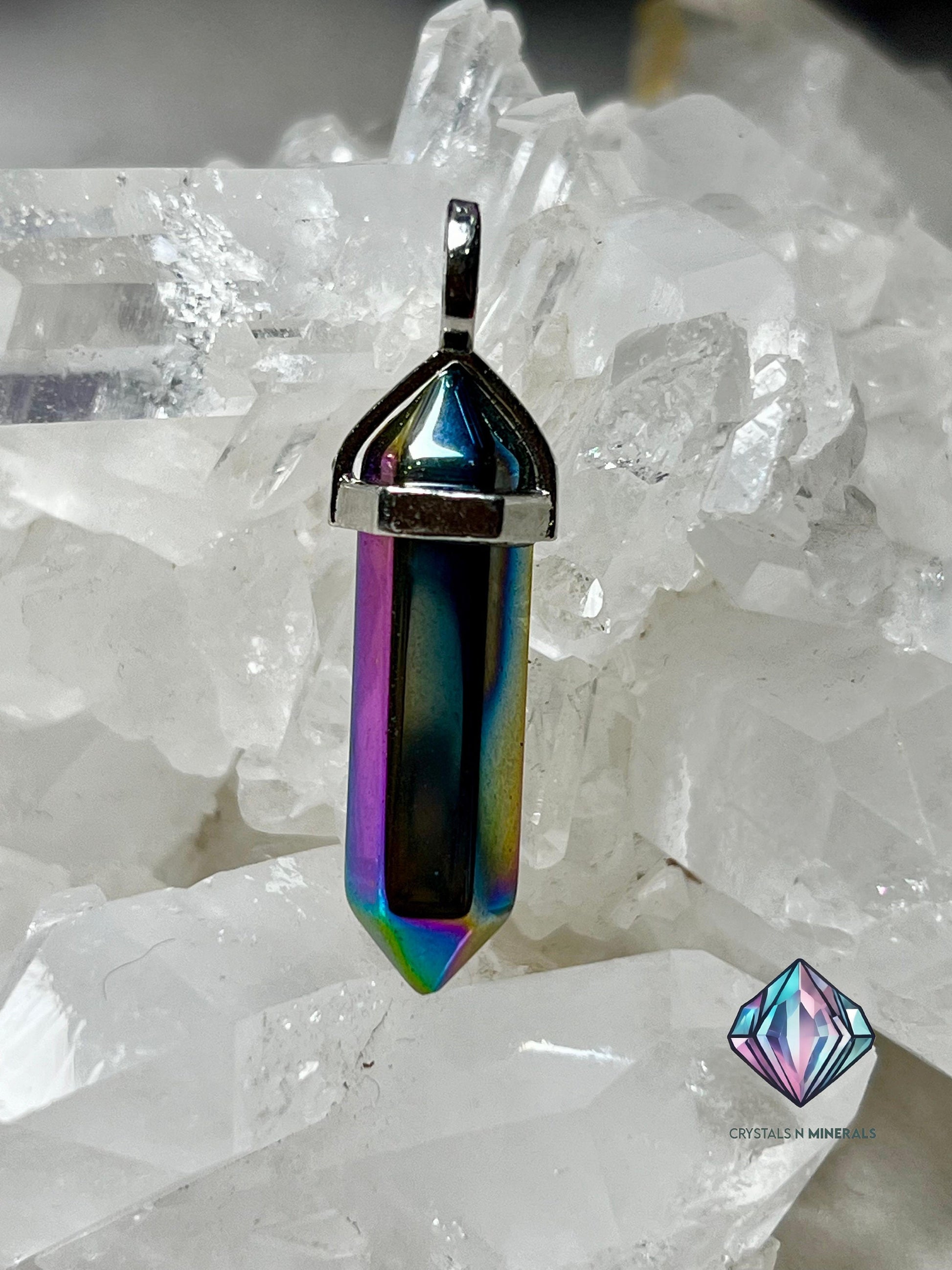 Titanium Aura Quartz Stone Double Point Pencil Pendant with Black Cord