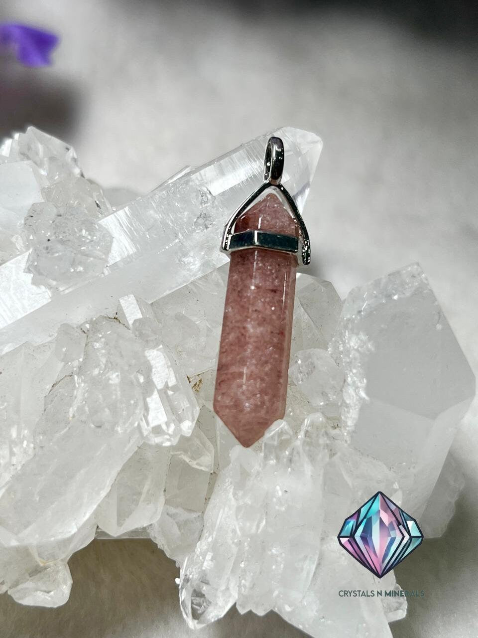 Strawberry Quartz Stone Double Point Pencil Pendant with Black Cord