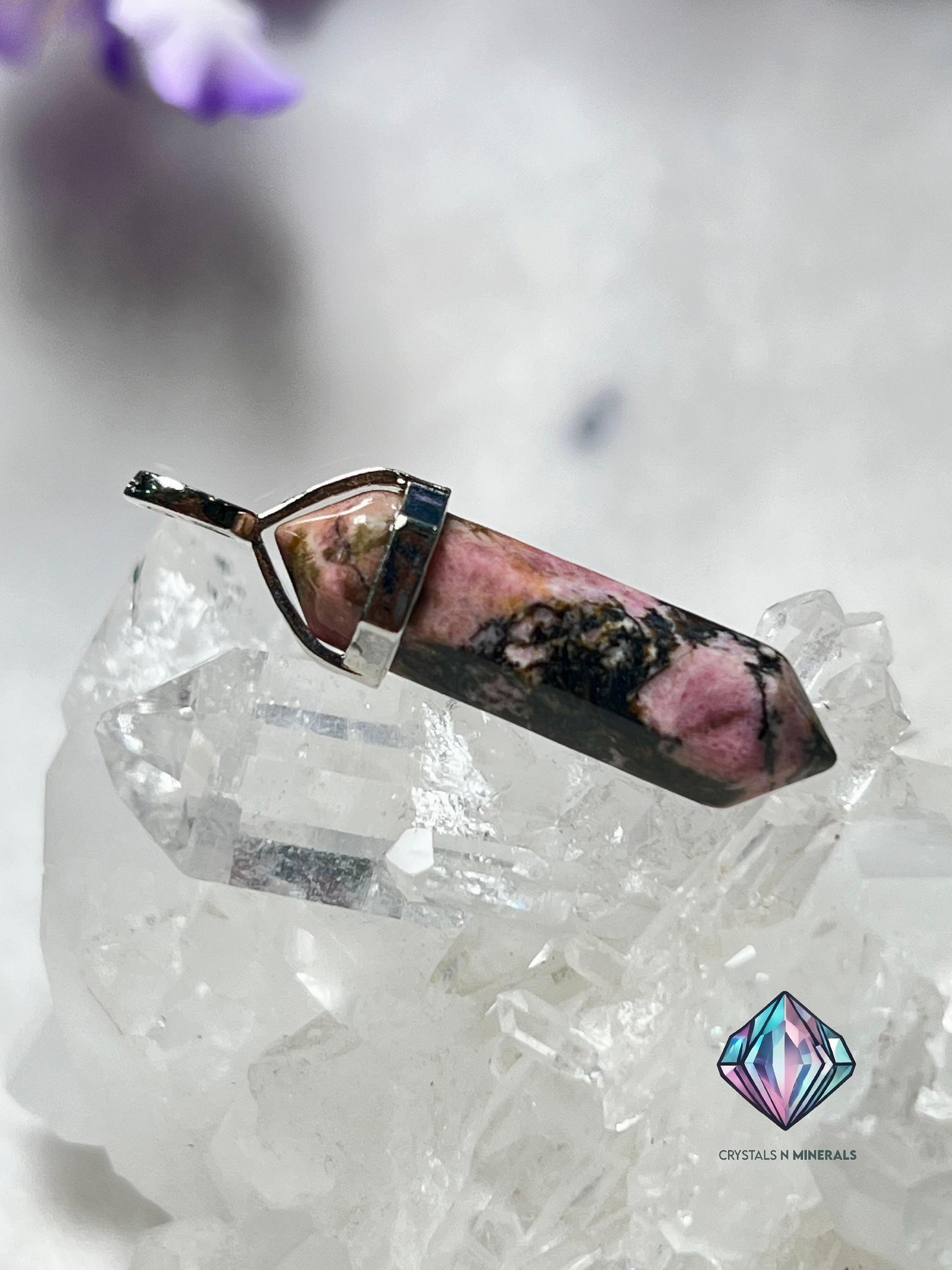 Rhodonite Stone Double Point Pencil Pendant with Black Cord