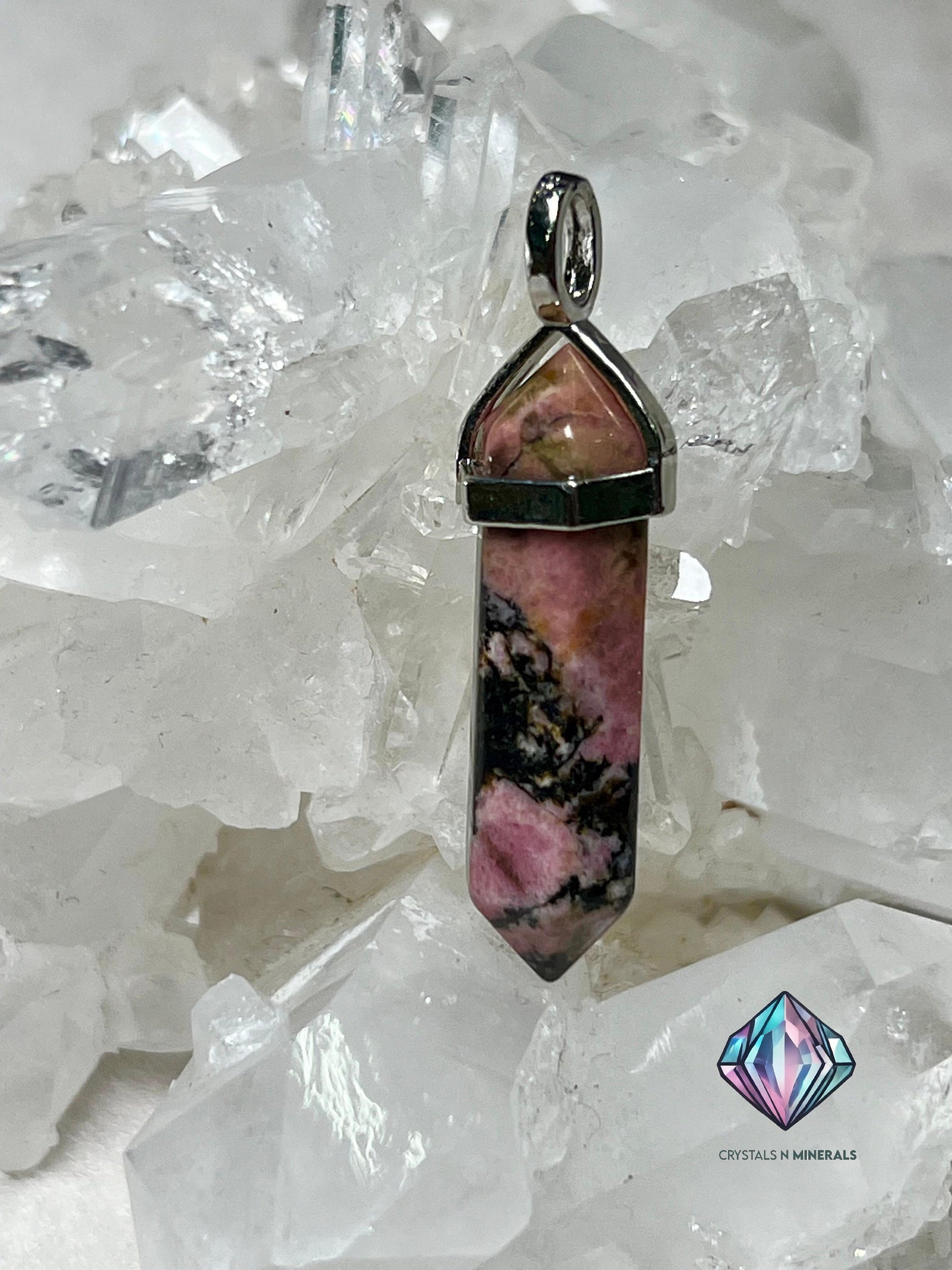 Rhodonite Stone Double Point Pencil Pendant with Black Cord